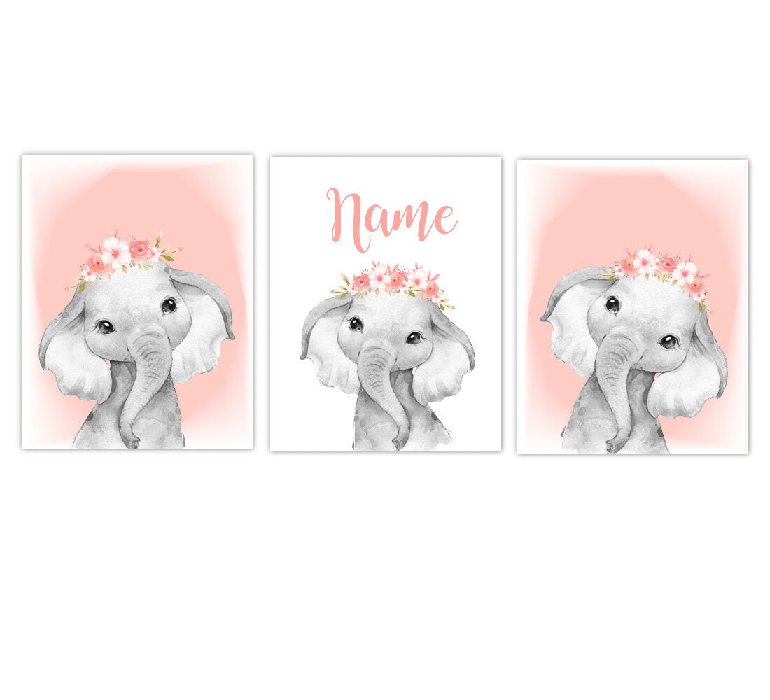Elephant Baby Girl Nursery Wall Art Decor Coral Floral Crown Elephant Personalized Prints SET OF 3 UNFRAMED PRINTS or CANVAS