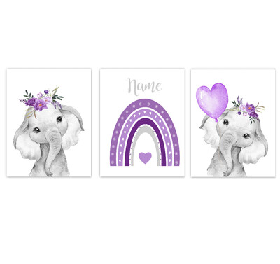 Rainbow Baby Girl Nursery Art Elephant With Balloons Purple Floral Crown Safari Animals Personalized Wall Decor  3 UNFRAMED PRINTS or CANVAS