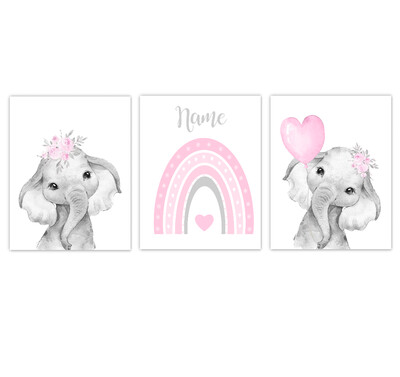Rainbow Baby Girl Nursery Art Pink Elephant With Balloons Safari Animals Personalized Wall Decor 3 UNFRAMED PRINTS or CANVAS