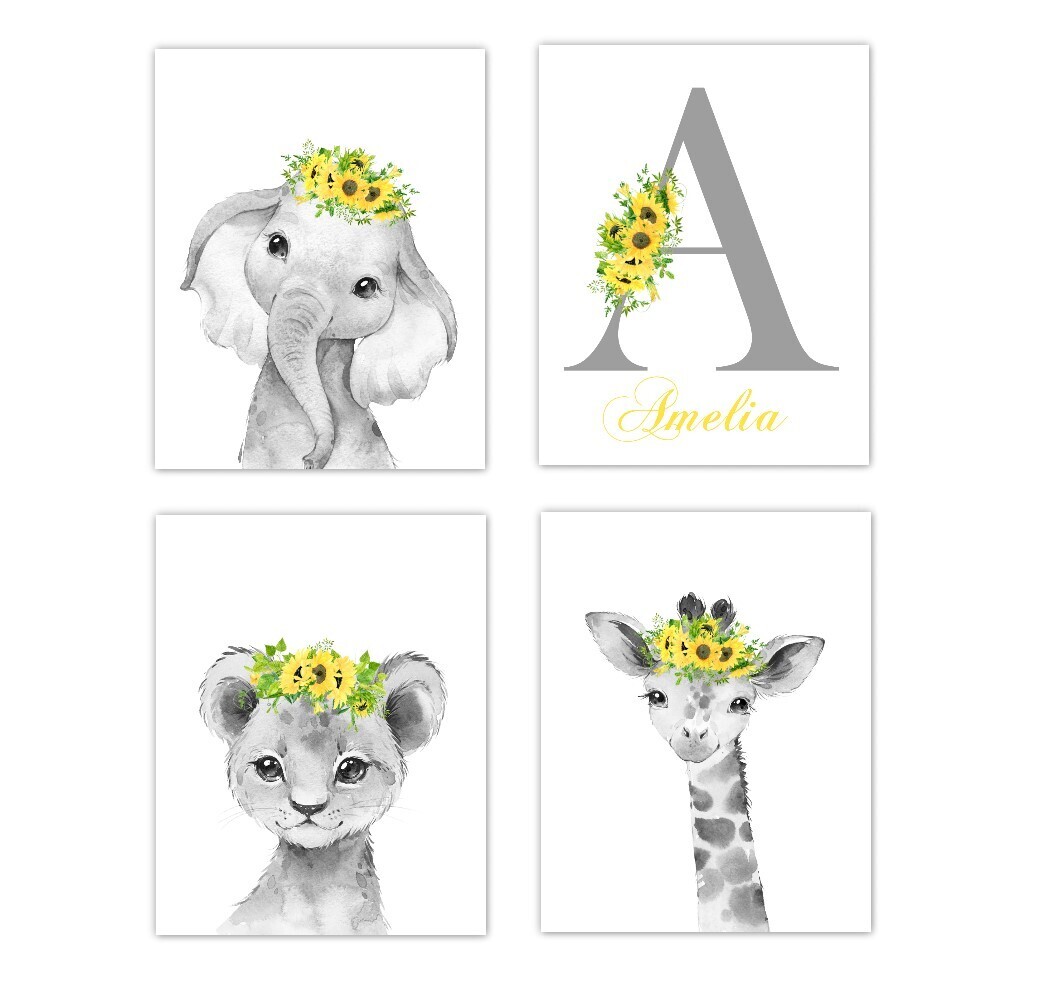 Sunflower Safari Animals Baby Girl Nursery Wall Art Decor Monogram Floral Elephant Giraffe Lion  4 UNFRAMED PRINTS or CANVAS