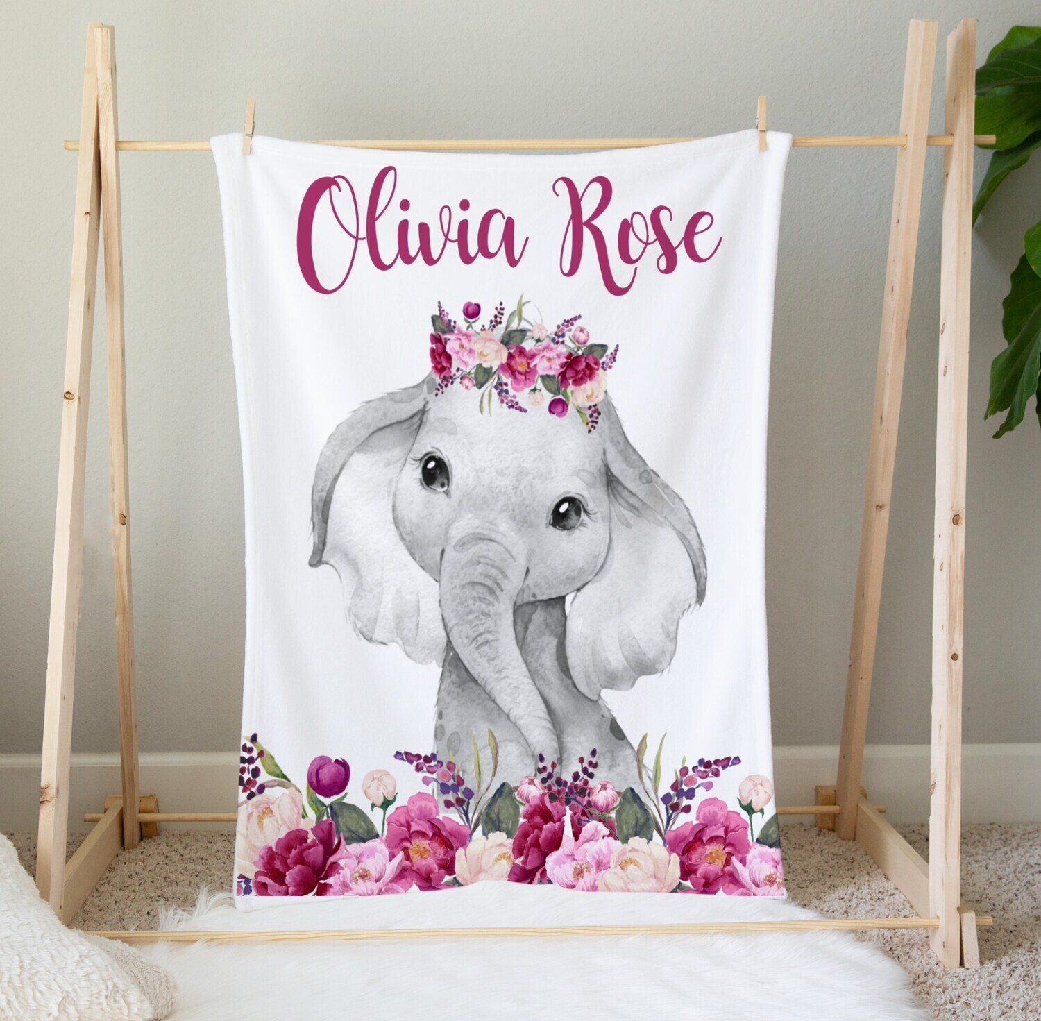 Personalized Baby Girl Blanket Red Floral Elephant Name Baby Nursery Decor New Baby Shower Gift Crib Blanket Tummy Time