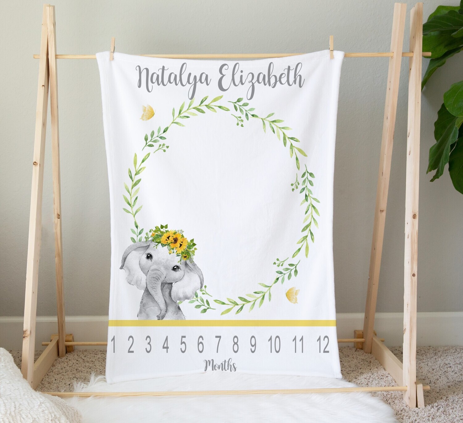 Sunflower Milestone Baby Girl Blanket Yellow Floral Crown Elephant Personalized Monthly Baby Blanket New Baby Shower Gift Baby Photo Op Backdrop
