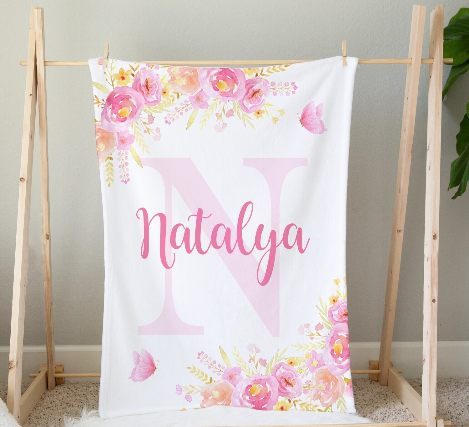 Baby Girl Blanket Personalized Pink Floral Butterflies Minky Fleece Blankets Nursery Decor New Baby Shower Gift