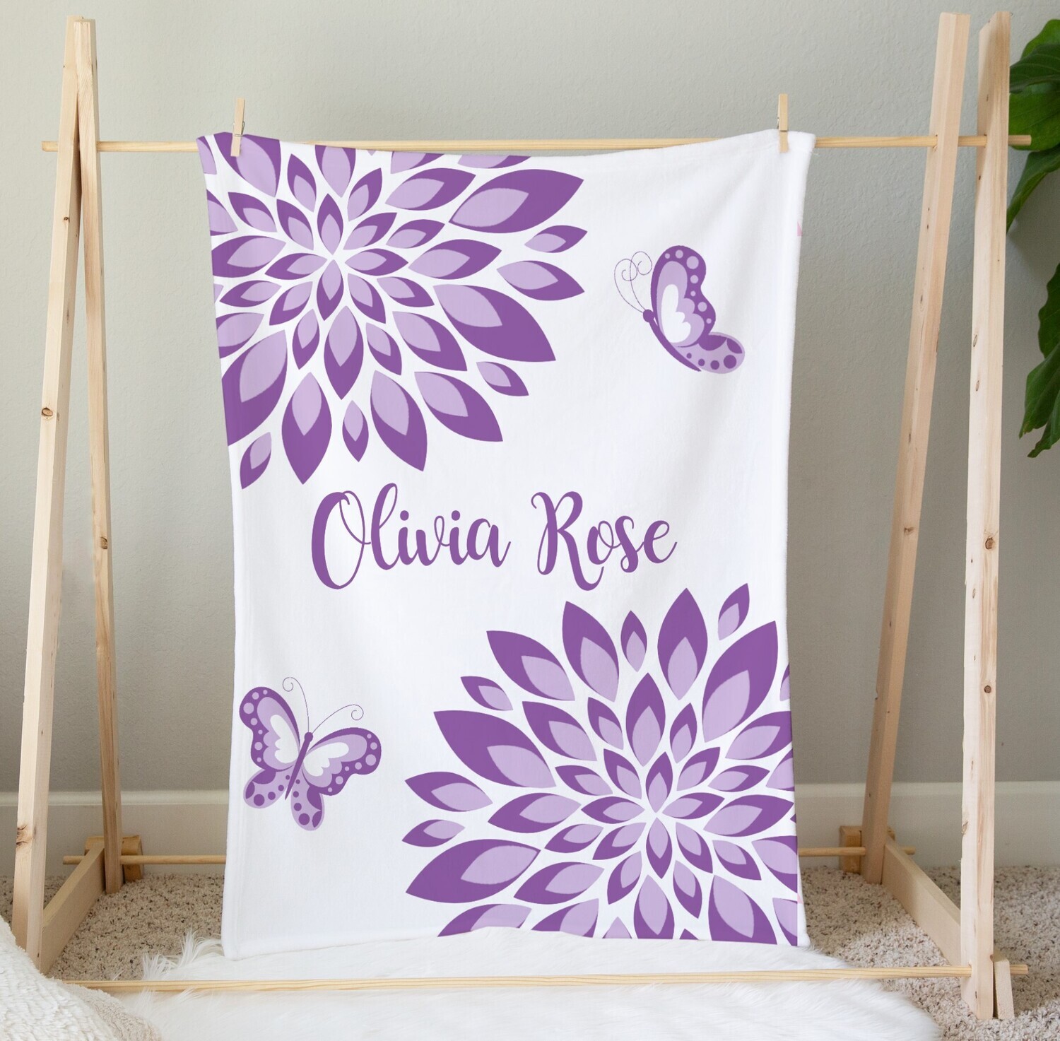 Purple Floral Baby Girl Blanket Personalized Butterfly Baby Nursery Decor New Baby Shower Gift Crib Blanket Tummy Time