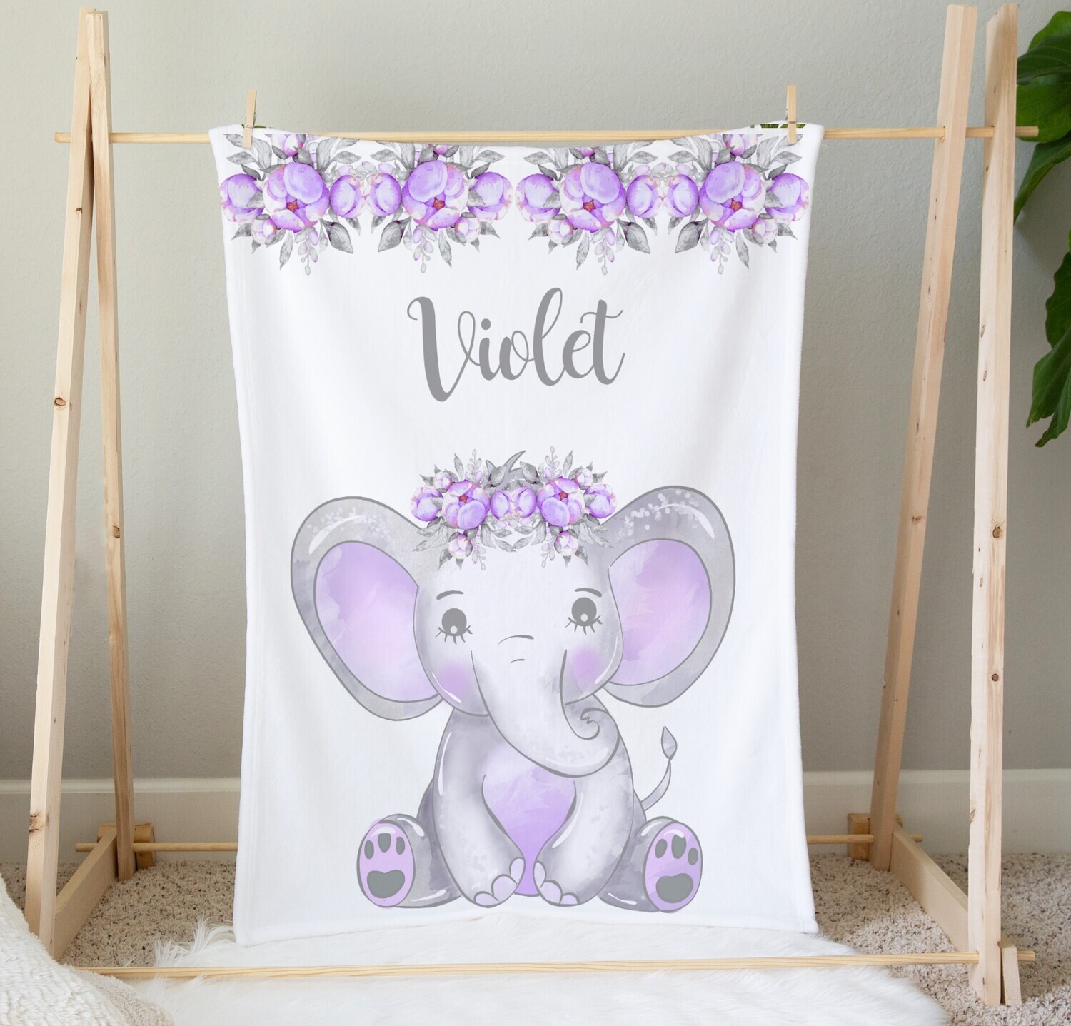 Purple Floral Elephant Baby Girl Blanket Personalized Baby Nursery Decor New Baby Shower Gift Crib Blanket Tummy Time