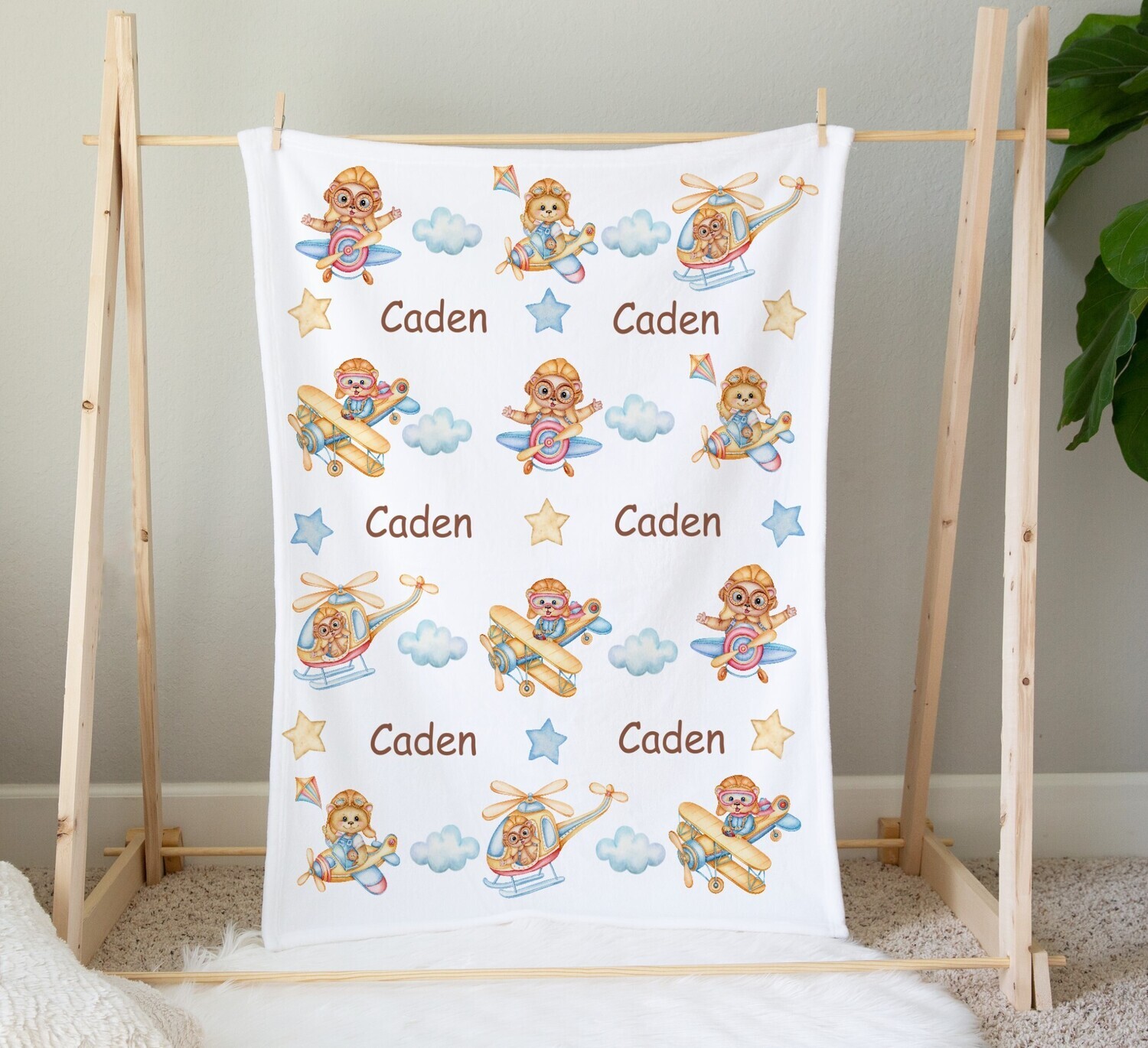 Teddy Bears Airplane Baby Boy Blanket Personalized Baby Nursery Decor New Baby Shower Gift Crib Blanket Tummy Time