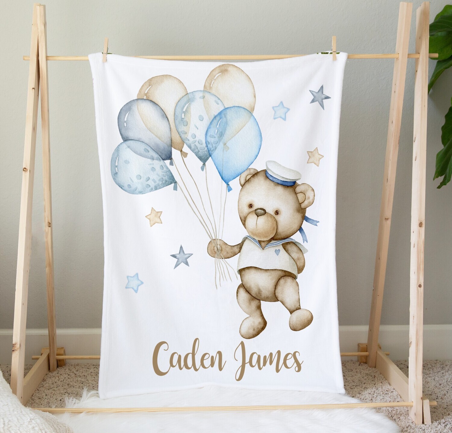 Teddy Bear Blue Balloons Baby Boy Blanket Personalized Baby Nursery Decor New Baby Shower Gift Crib Blanket Tummy Time