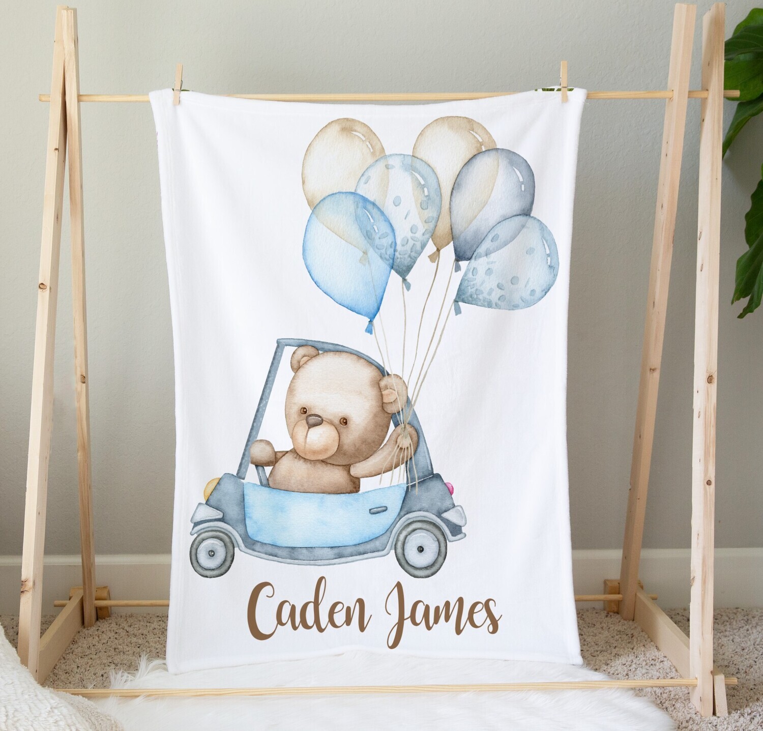 Teddy Bear Blue Balloons Baby Boy Blanket Personalized Baby Nursery Decor New Baby Shower Gift Crib Blanket Tummy Time