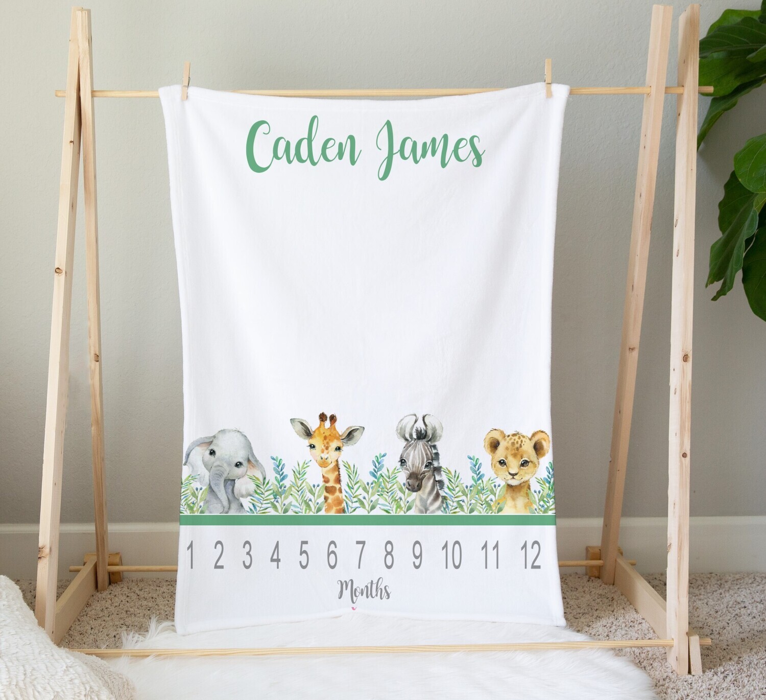 Safari Animals Milestone Baby Personalized Monthly Gender Neutral Baby Blanket New Baby Shower Gift Baby Photo Op Backdrop