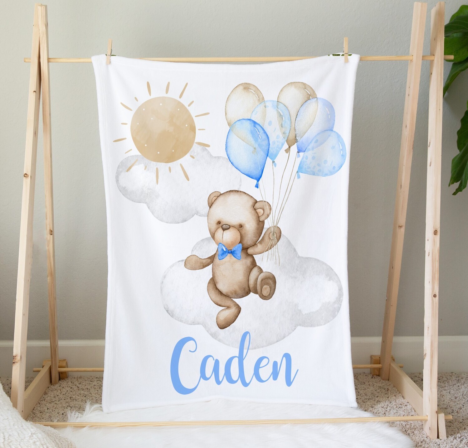 Teddy Bear Balloons Baby Boy Blanket Personalized Baby Nursery Decor New Baby Shower Gift Crib Blanket Tummy Time