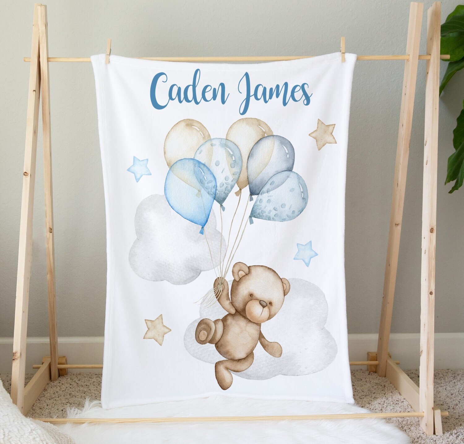 Personalized Baby Boy Blanket Teddy Bear Balloons Nursery Decor New Baby Shower Gift Crib Blanket