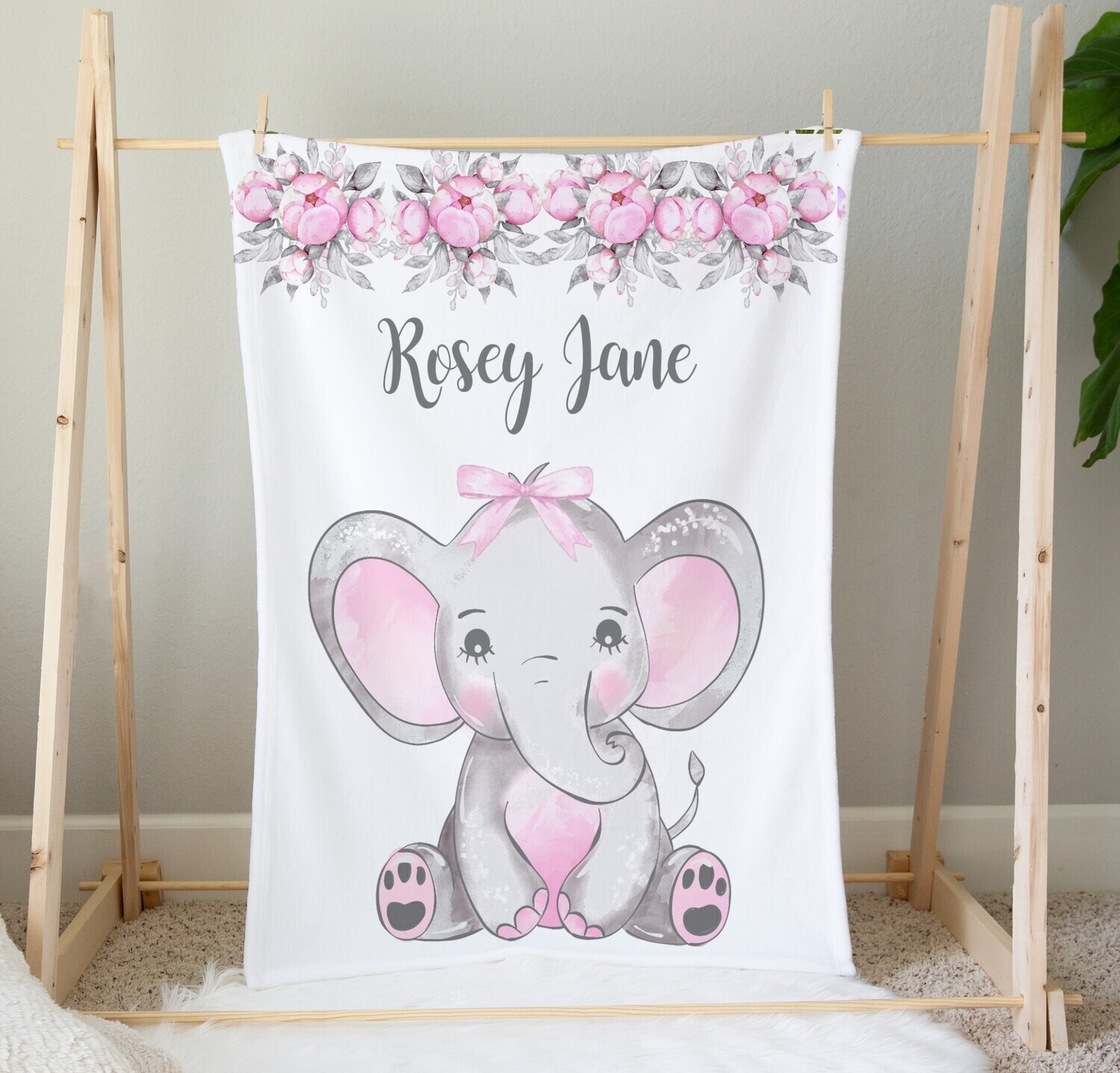 Pink Floral Elephant Baby Girl Blanket Personalized Baby Nursery Decor New Baby Shower Gift Crib Blanket Tummy Time