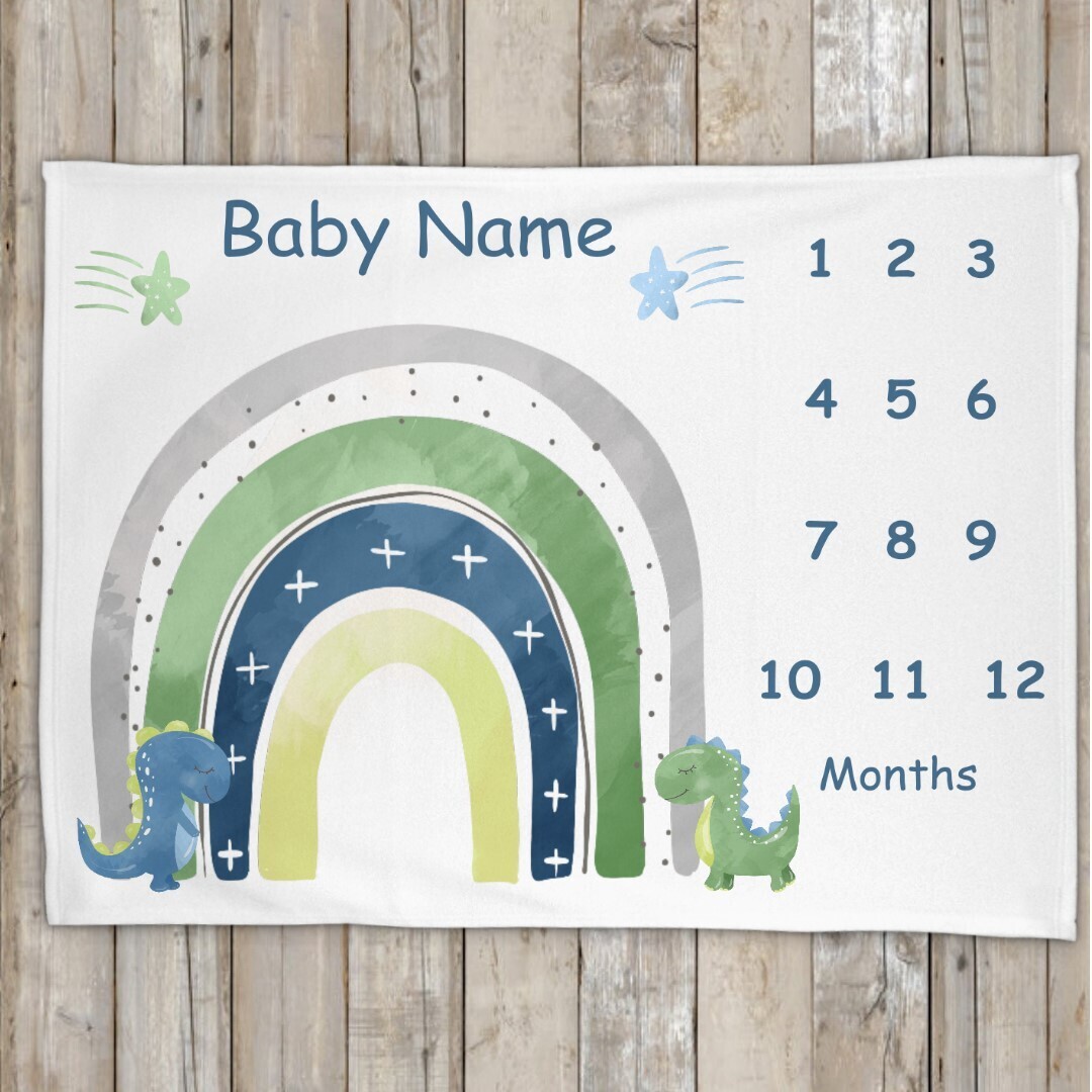 Dinosaurs Rainbow Blue Green Baby Boy Milestone Blanket Baby Nursery Decor Month New Baby Shower Gift Baby Photo Op Backdrop