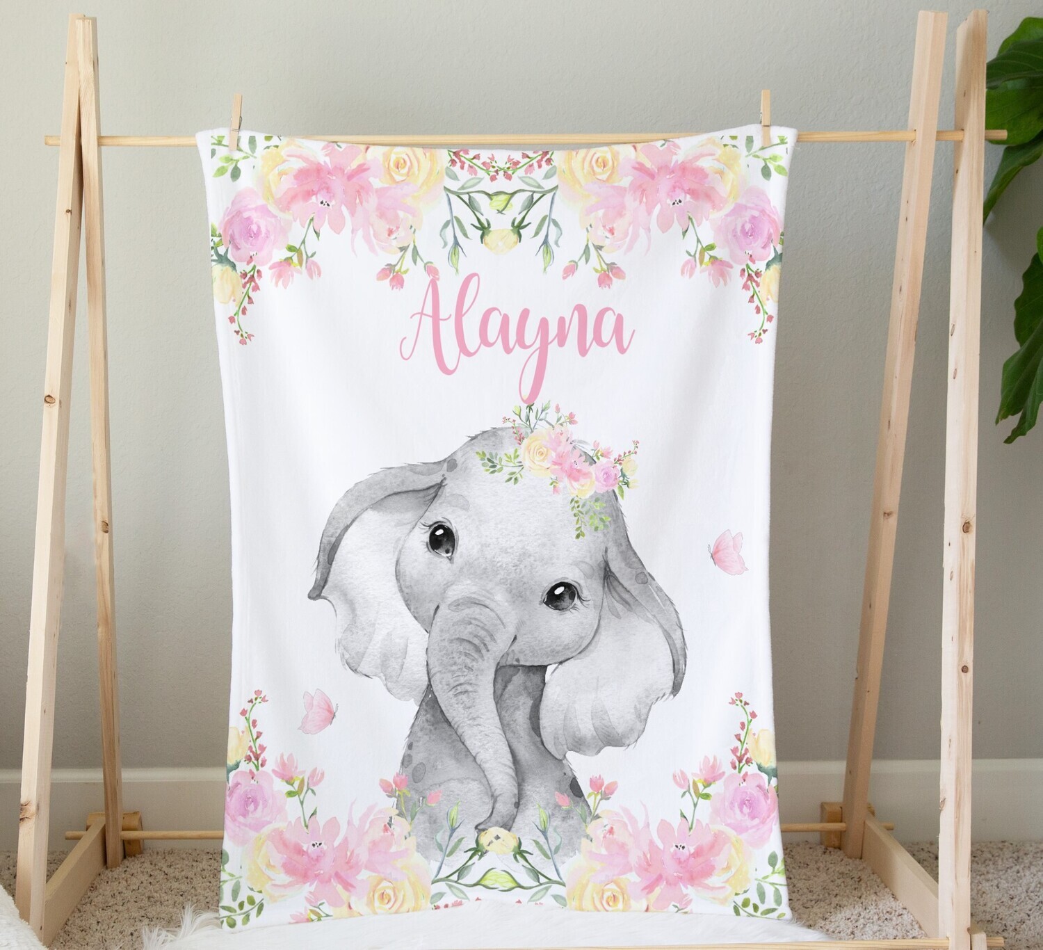 Personalized Baby Girl Blanket Pink Elephant Baby Nursery Decor Shower Gift