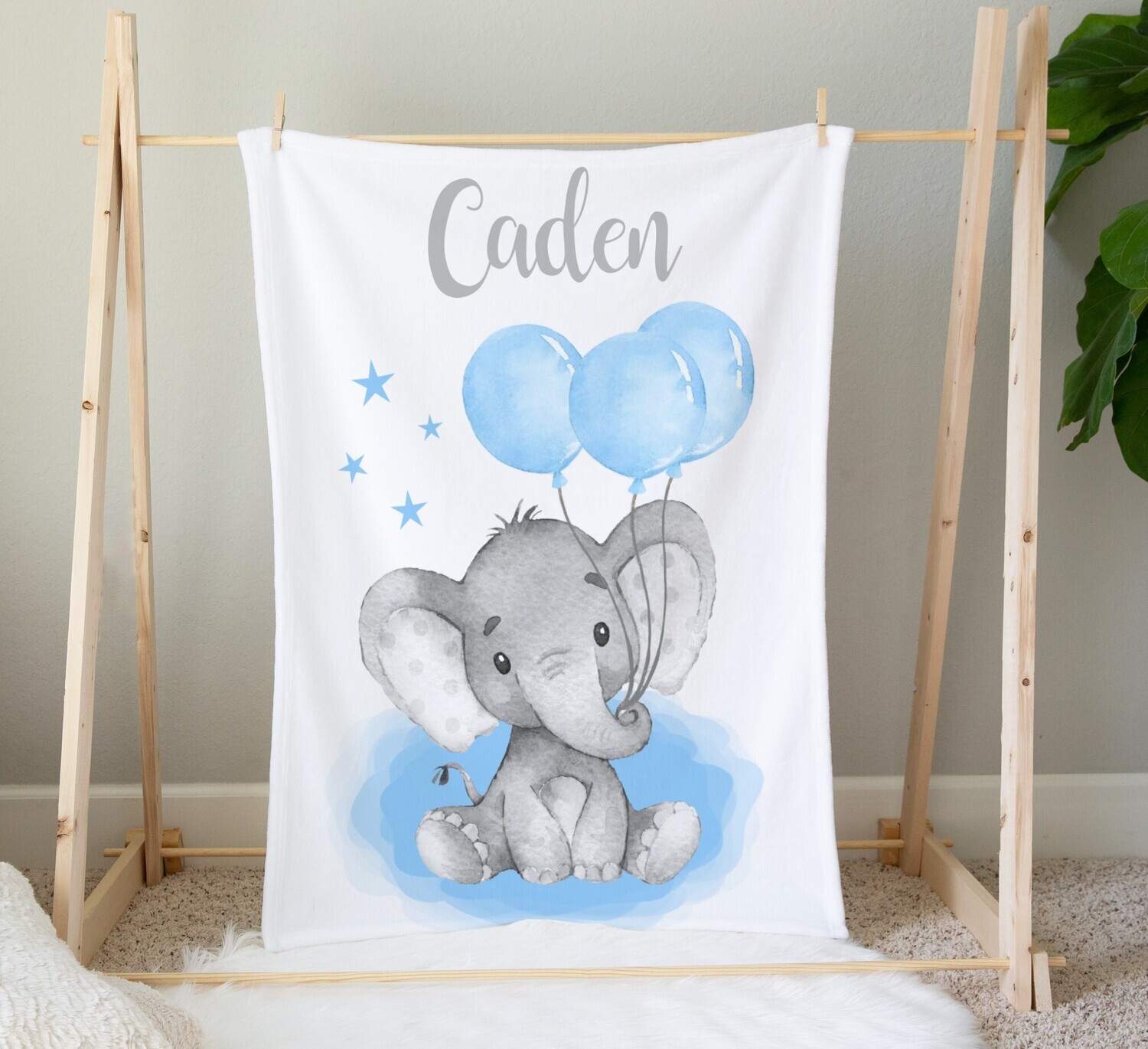 Personalized Baby Boy Blanket Blue Elephant Balloons Baby Nursery Decor Shower Gift