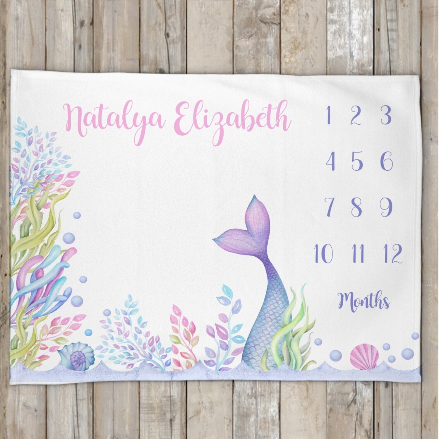 Mermaid Tail Baby Girl Personalized Milestone Blanket Baby Nursery Decor Month New Baby Shower Gift Baby Photo Op Backdrop