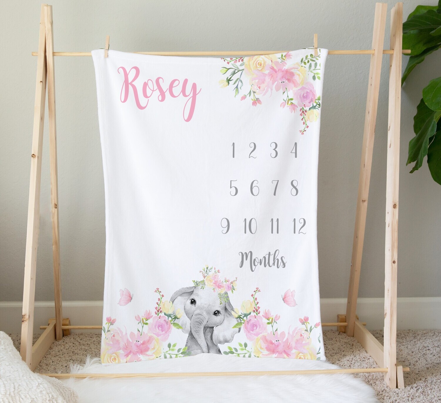 Milestone Baby Girl Blanket Personalized Monthly Baby Blanket Pink Floral Elephant New Baby Shower Gift Baby Photo Op Backdrop