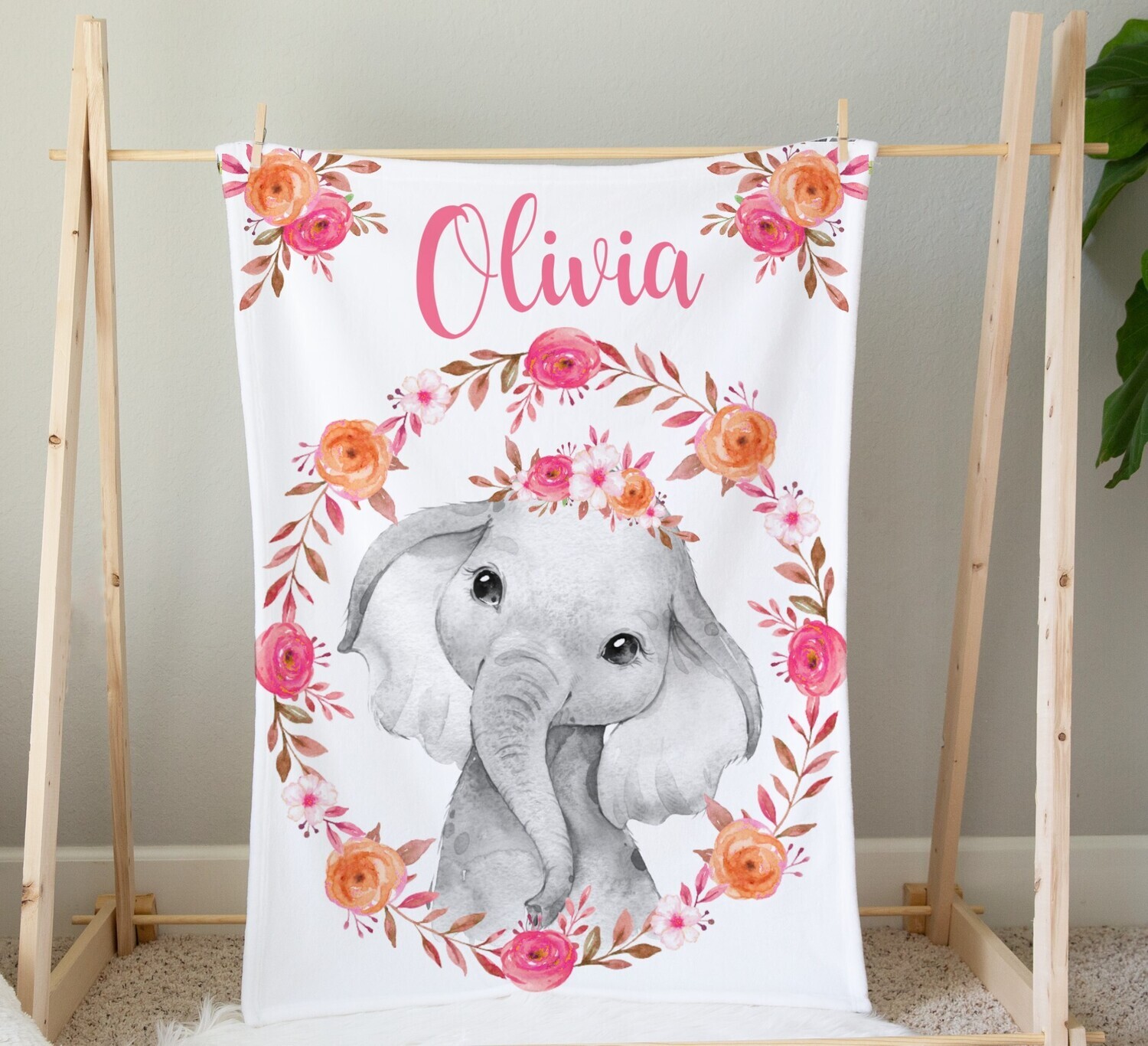 Personalized Baby Girl Blanket Pink Coral Floral Crown Elephant Baby Nursery Decor Shower Gift