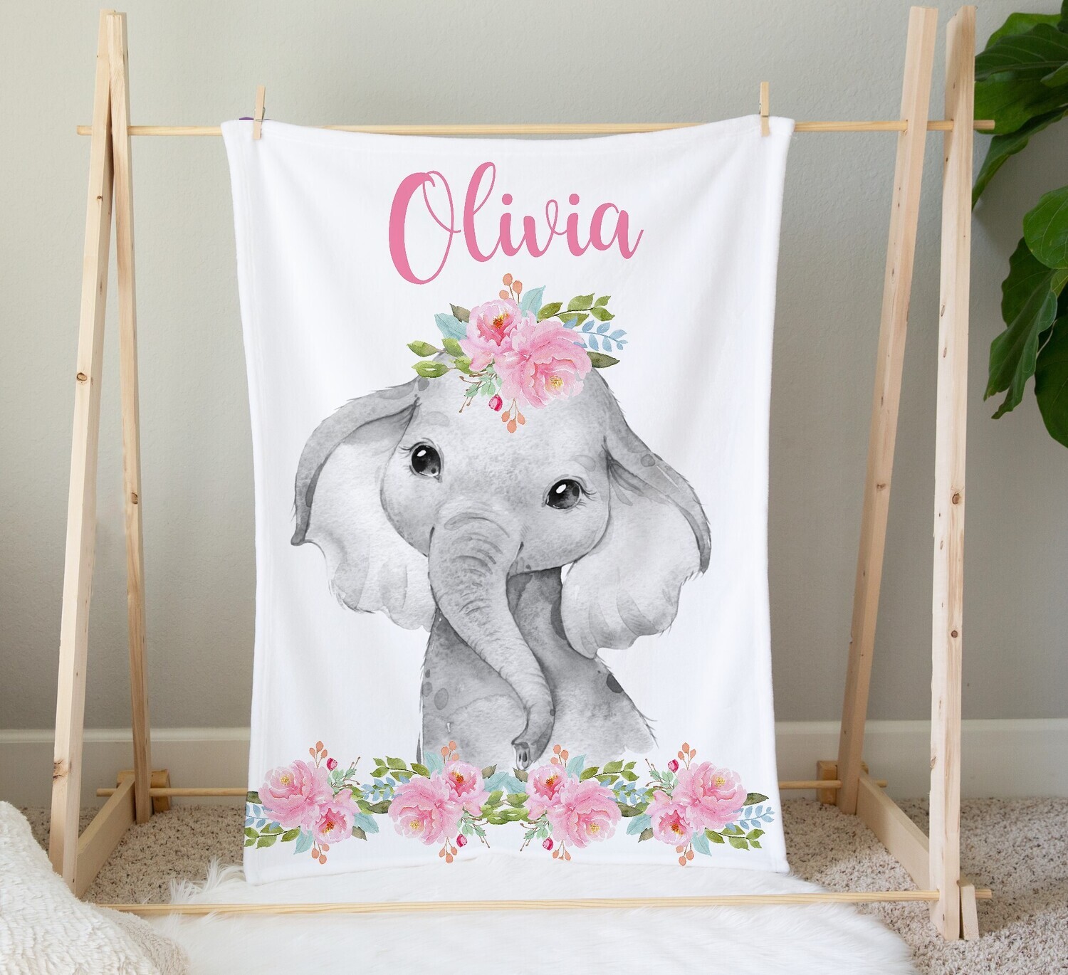 Personalized Baby Girl Blanket Elephant Watercolor Floral Flower Nursery Decor New Baby Shower Gift