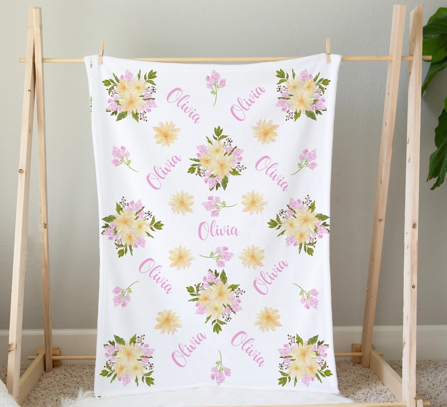 Personalized Baby Girl Blanket Pink Yellow Floral Baby Blanket Crib Bedding New Baby Shower Gift
