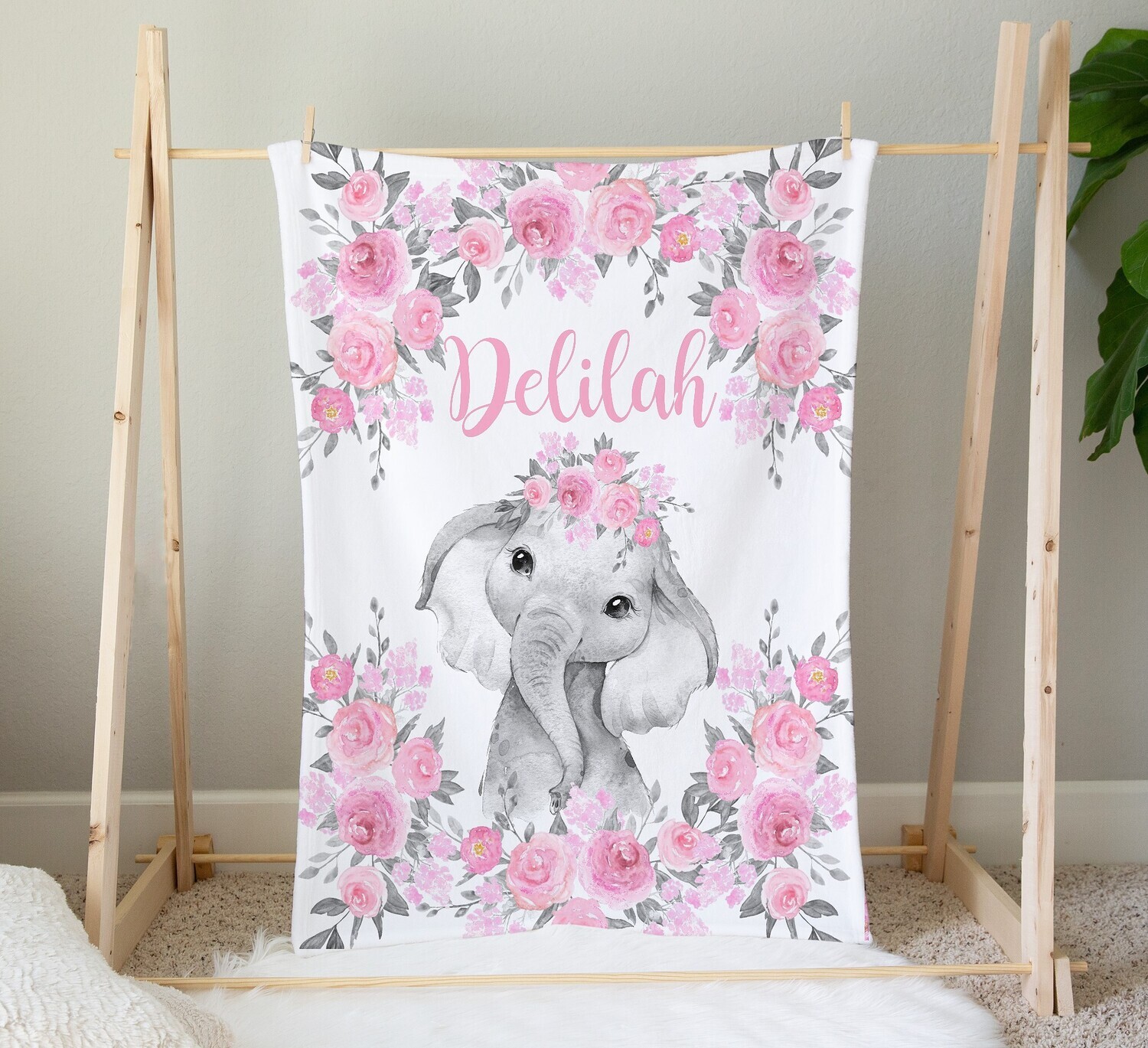 Personalized Baby Girl Blanket Pink Floral Crown Elephant Baby Nursery Decor Shower Gift