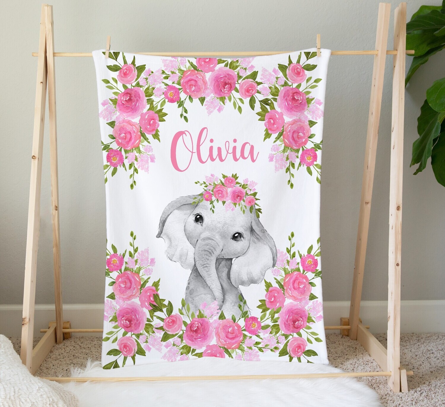 Elephant Baby Girl Blanket Personalized Pink Floral Safari Animal Nursery Blanket Minky Fleece Blankets Nursery Decor New Baby Shower Gift
