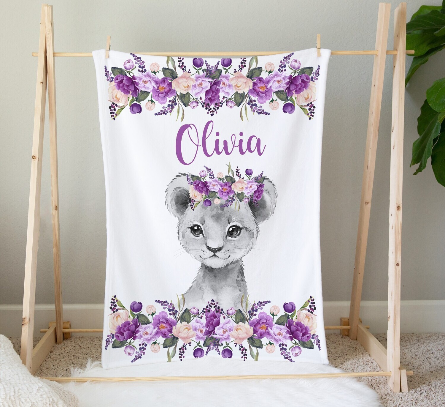 Personalized Baby Girl Blanket Purple Floral Crown Lion Cub Baby Nursery Decor Shower Gift