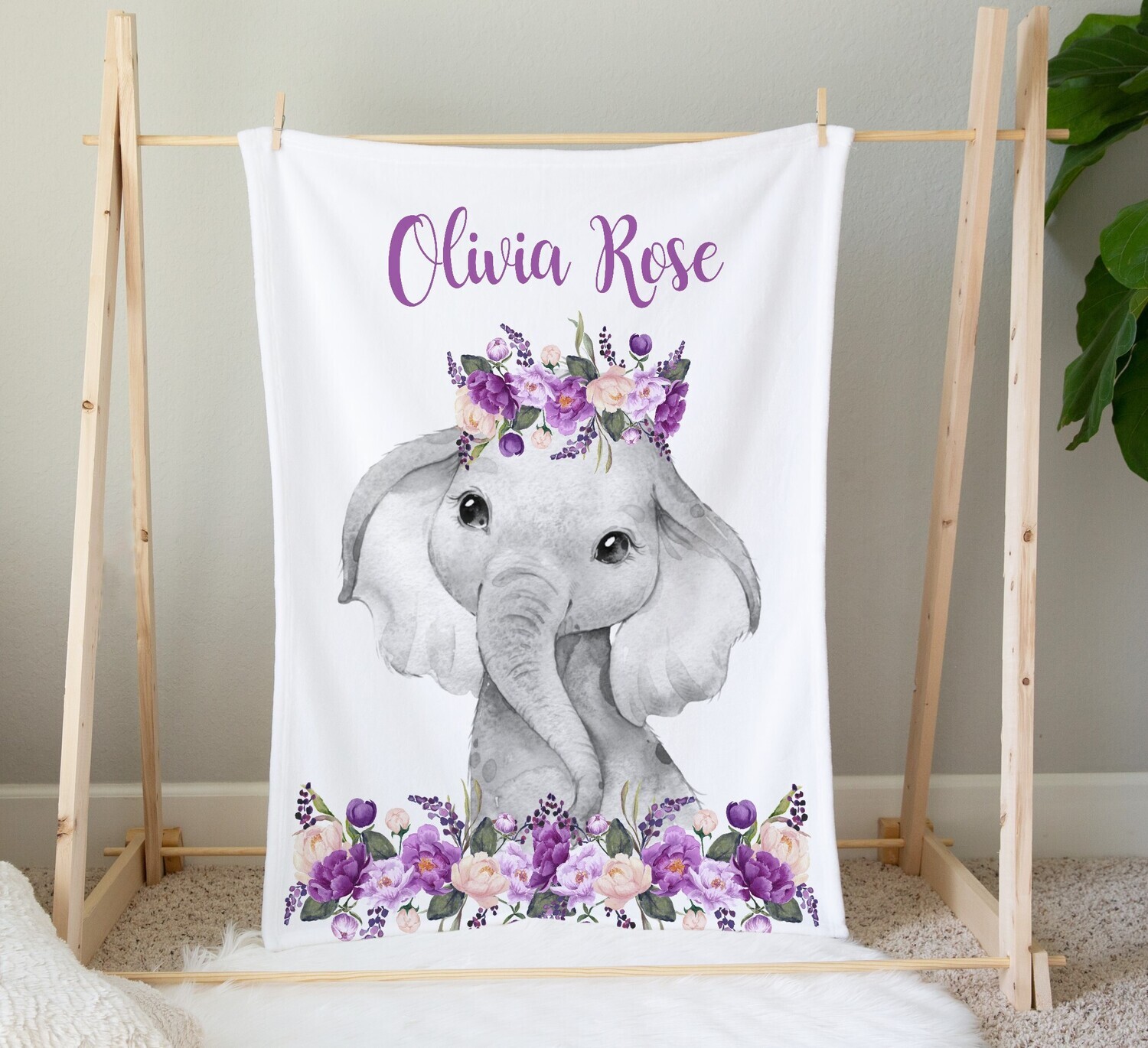 Personalized Baby Girl Blanket Elephant Watercolor Purple Floral Flower Nursery Decor New Baby Shower Gift Crib Bedding