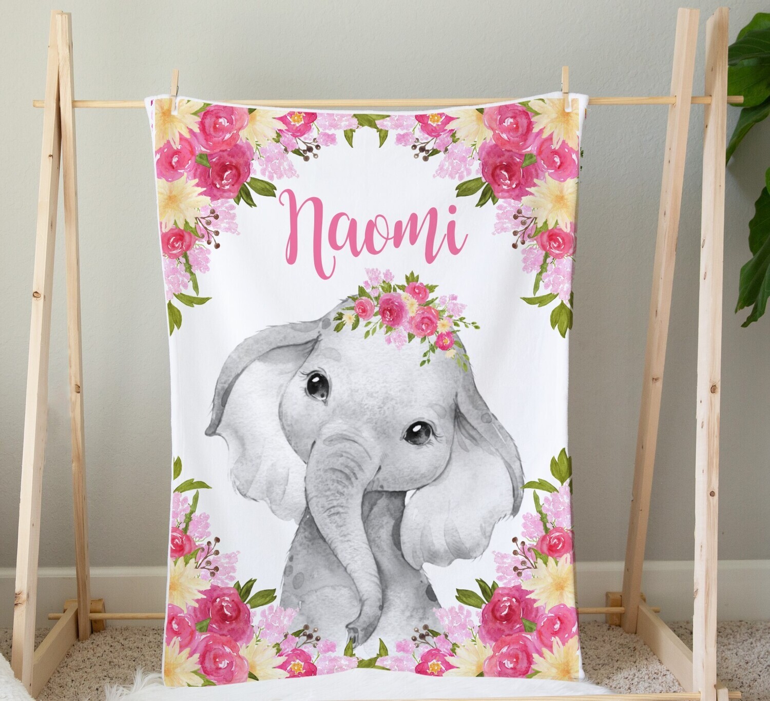 Personalized Baby Girl Blanket Pink Yellow Elephant Baby Nursery Decor Shower Gift