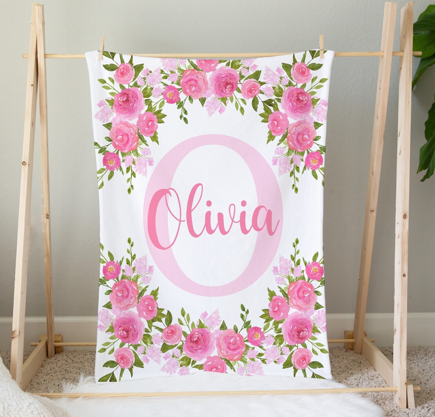 Pink Floral Baby Girl Blanket Personalized Flower Monogram Minky Fleece Blankets Nursery Decor New Baby Shower Gift