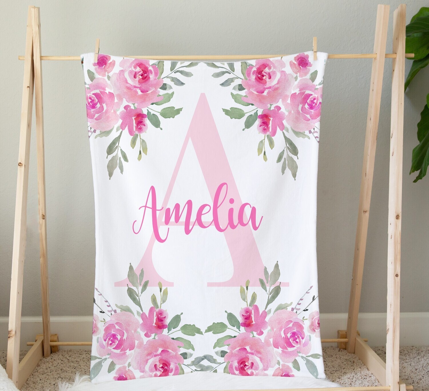 Personalized Baby Girl Blanket Pink Floral Roses Baby Nursery Decor Shower Gift