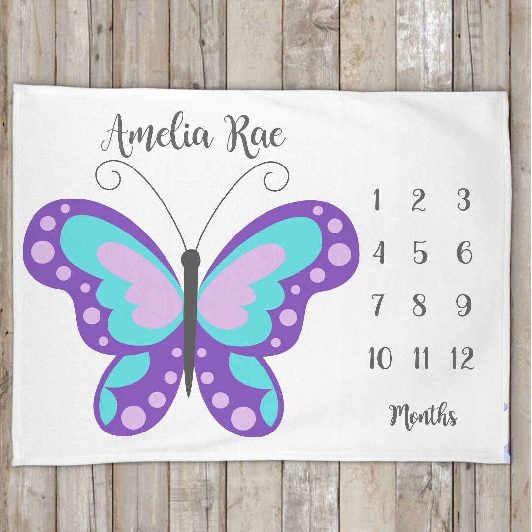 Butterfly Baby Girl Blanket Personalized Milestone Baby Blanket Butterfly Wings New Baby Shower Gift Baby Photo Op Backdrop