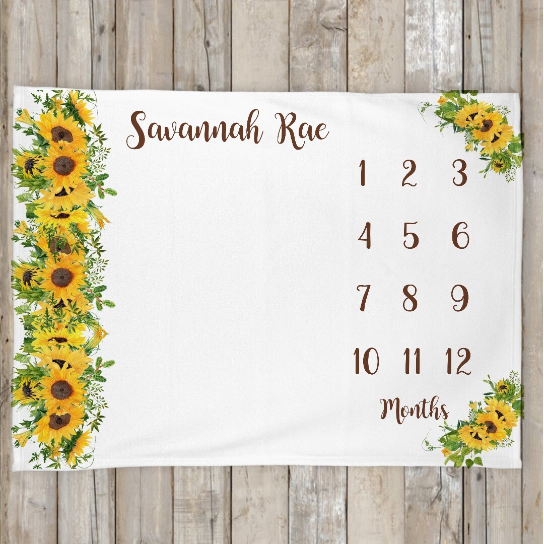 Monthly Milestone Sunflowers Baby Girl Blanket Personalized Floral Baby Blanket New Baby Shower Gift Baby Photo Op Backdrop