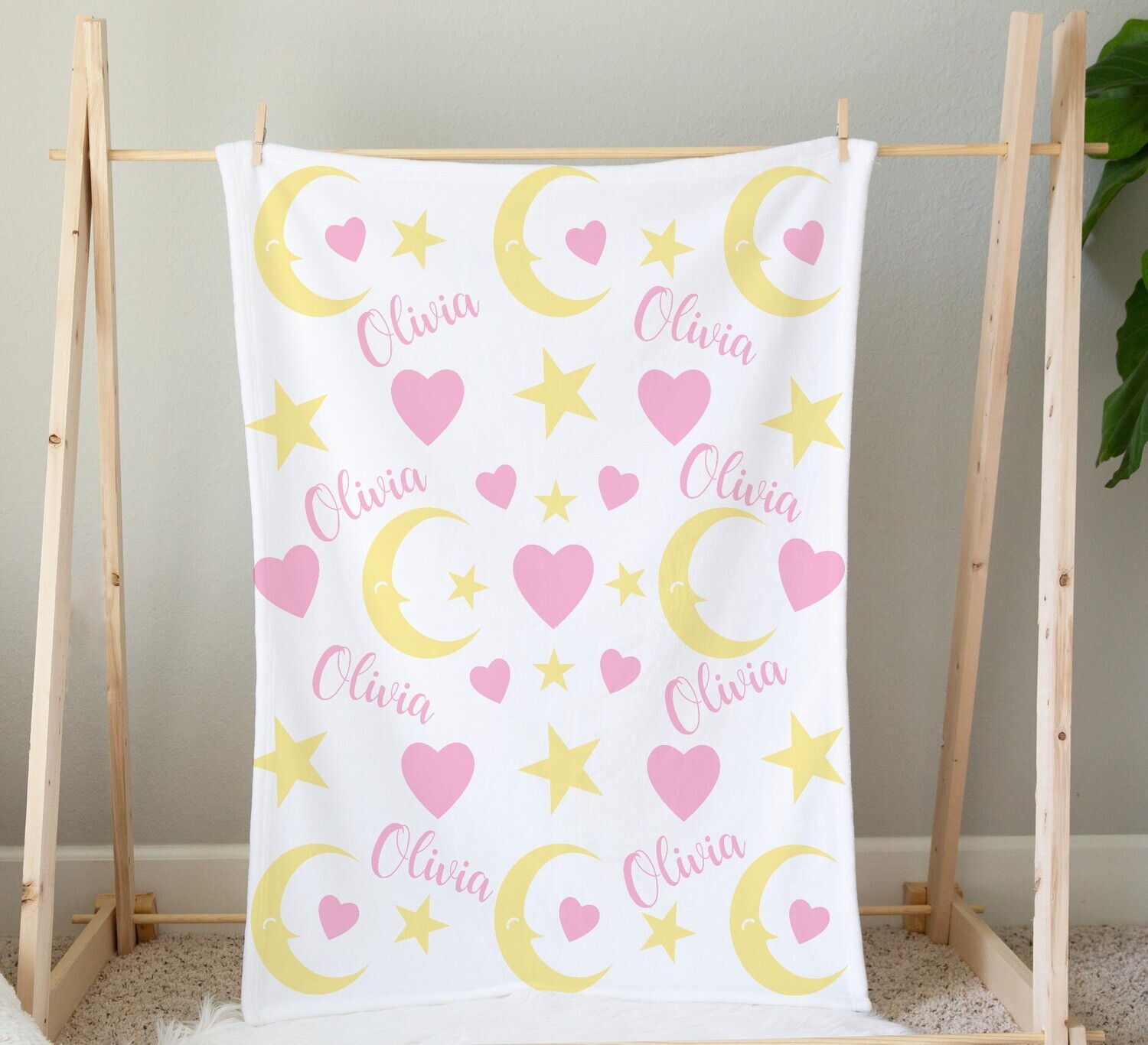 Personalized Baby Girl Blanket Pink Yellow Hearts Moon Baby Nursery Blanket Crib Bedding New Baby Shower Gift