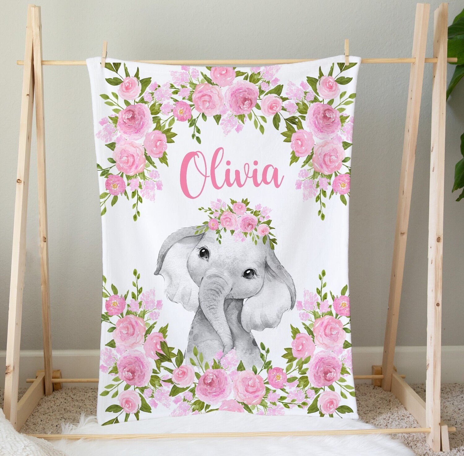 Personalized Baby Girl Blanket Pink Floral Crown Zebra Baby Nursery Decor Shower Gift