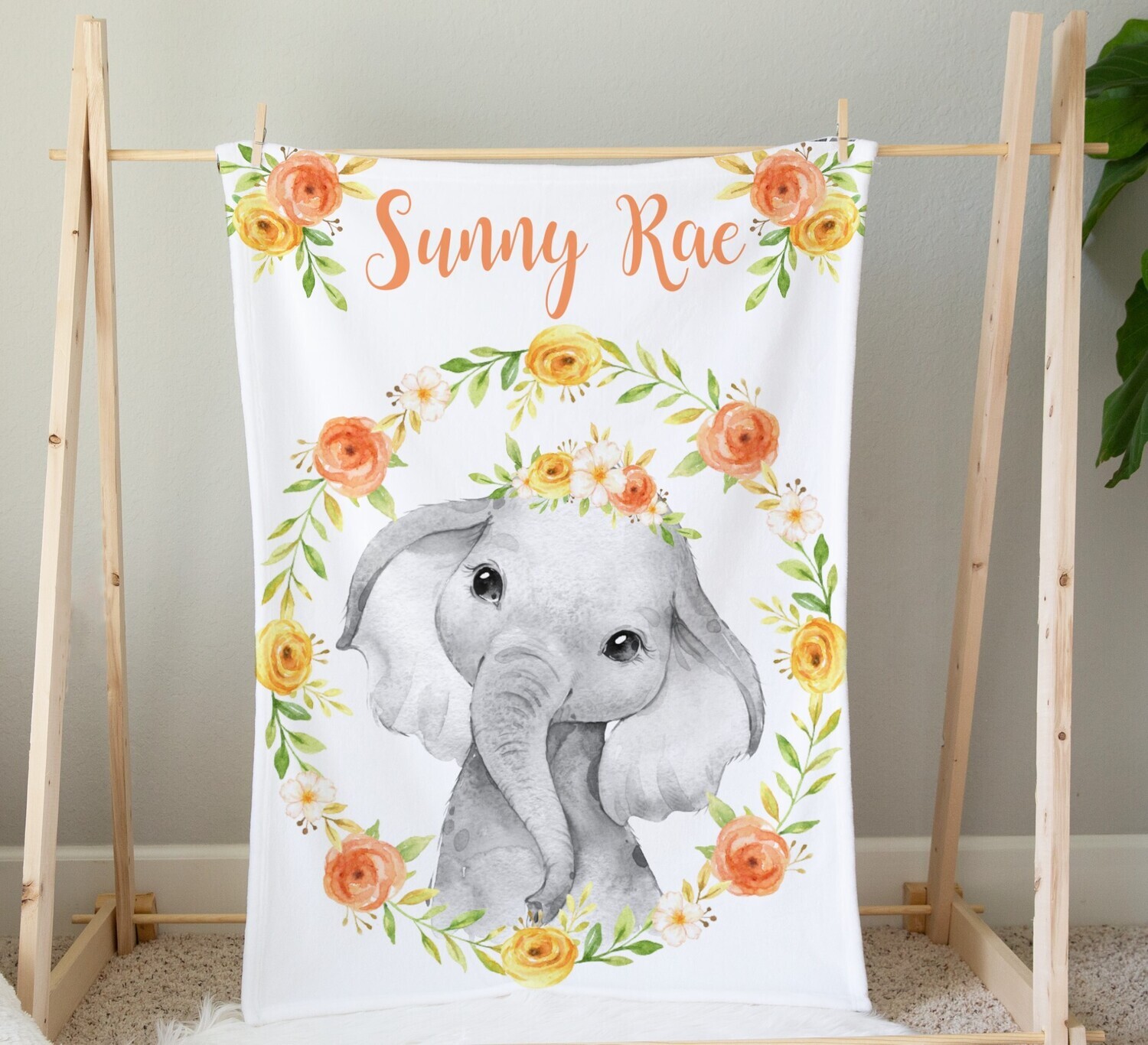 Personalized Baby Girl Blanket Coral Yellow Floral Crown Elephant Baby Nursery Decor Shower Gift