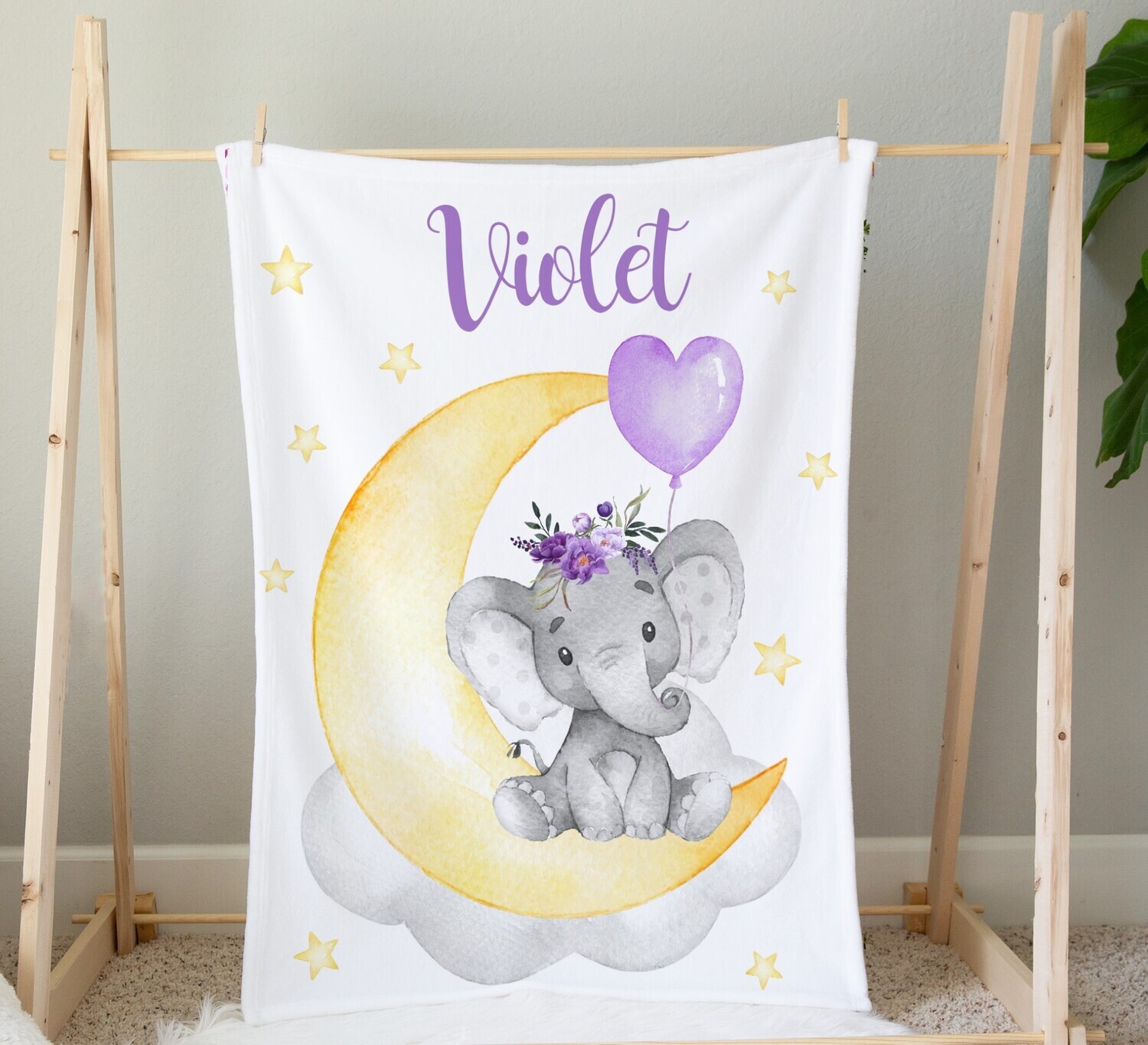Personalized Baby Girl Blanket Purple Floral Crown Elephant Baby Nursery Decor Shower Gift