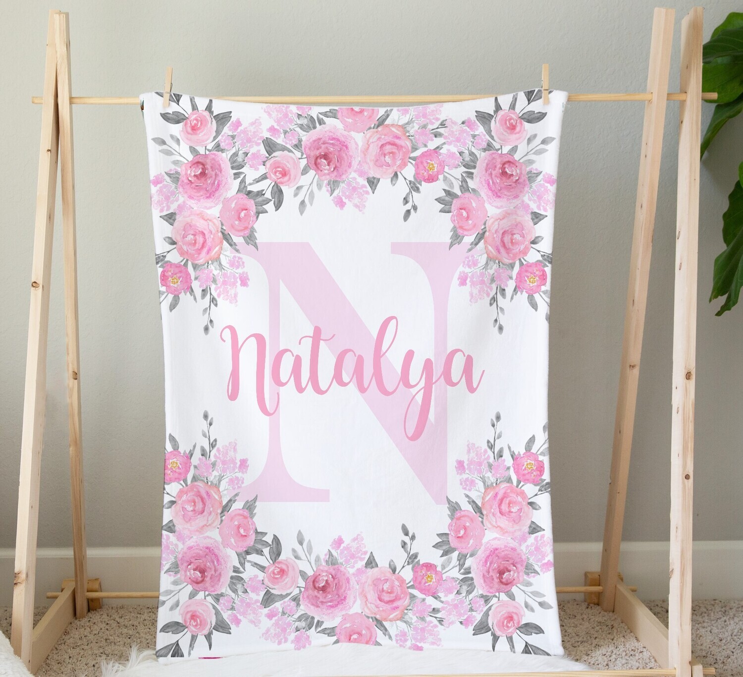 Pink Floral Baby Girl Blanket Personalized Baby Nursery Decor Shower Gift