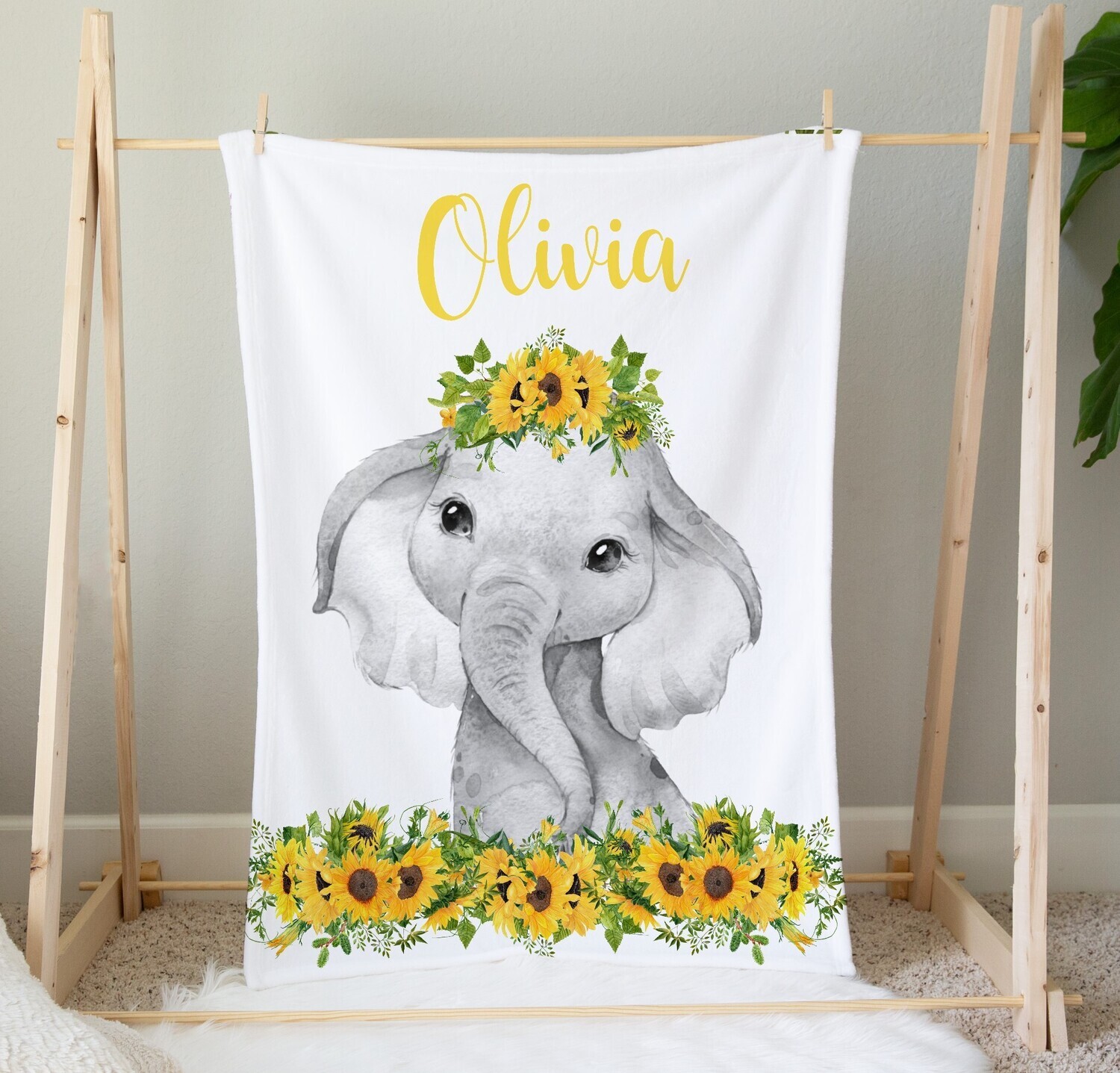 Personalized Baby Girl Blanket Elephant Sunflowers Floral Nursery Decor New Baby Shower Gift
