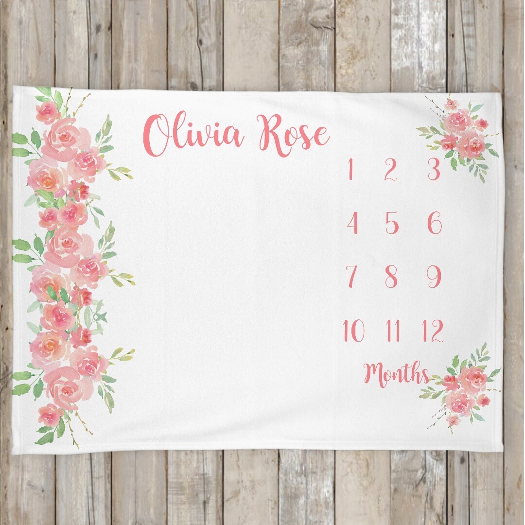 Monthly Milestone Baby Girl Blanket Personalized Coral Floral Baby Blanket New Baby Shower Gift Baby Photo Op Backdrop