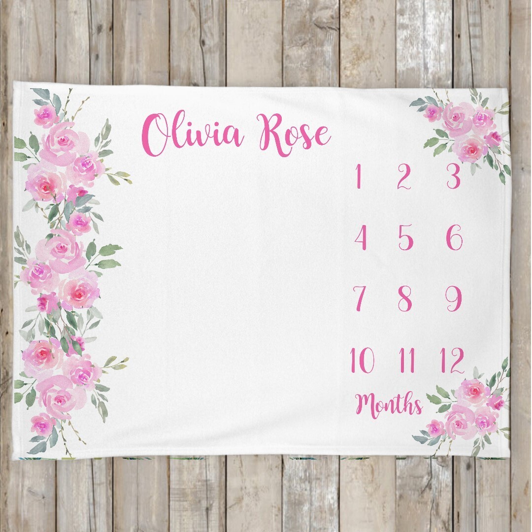 Monthly Milestone Baby Girl Blanket Personalized Pink Floral Baby Blanket New Baby Shower Gift Baby Photo Op Backdrop
