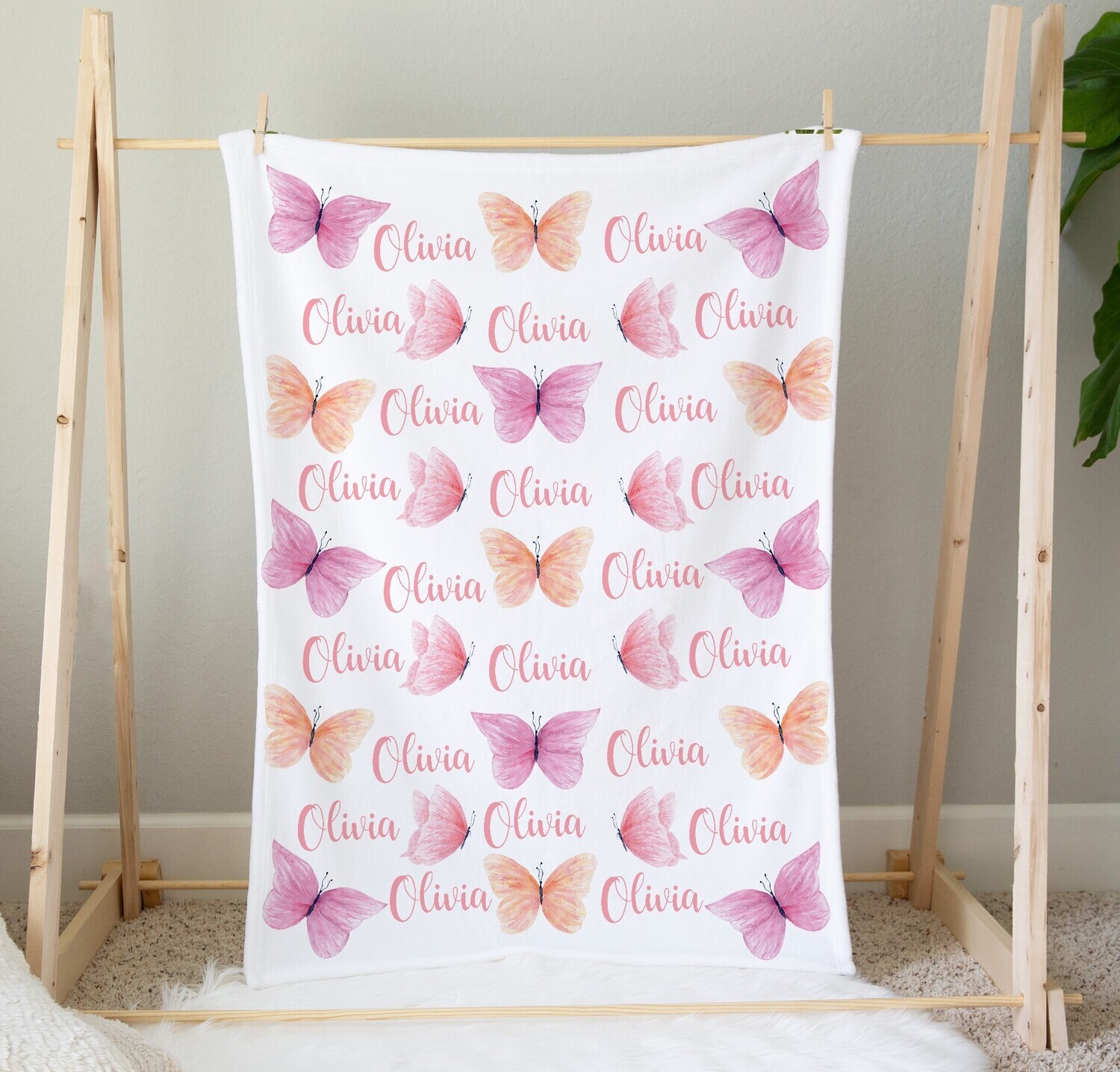 Personalized Baby Girl Blanket Butterfly Baby Blanket Pink Coral Newborn Blanket Nursery Crib Bedding New Baby Shower Gift