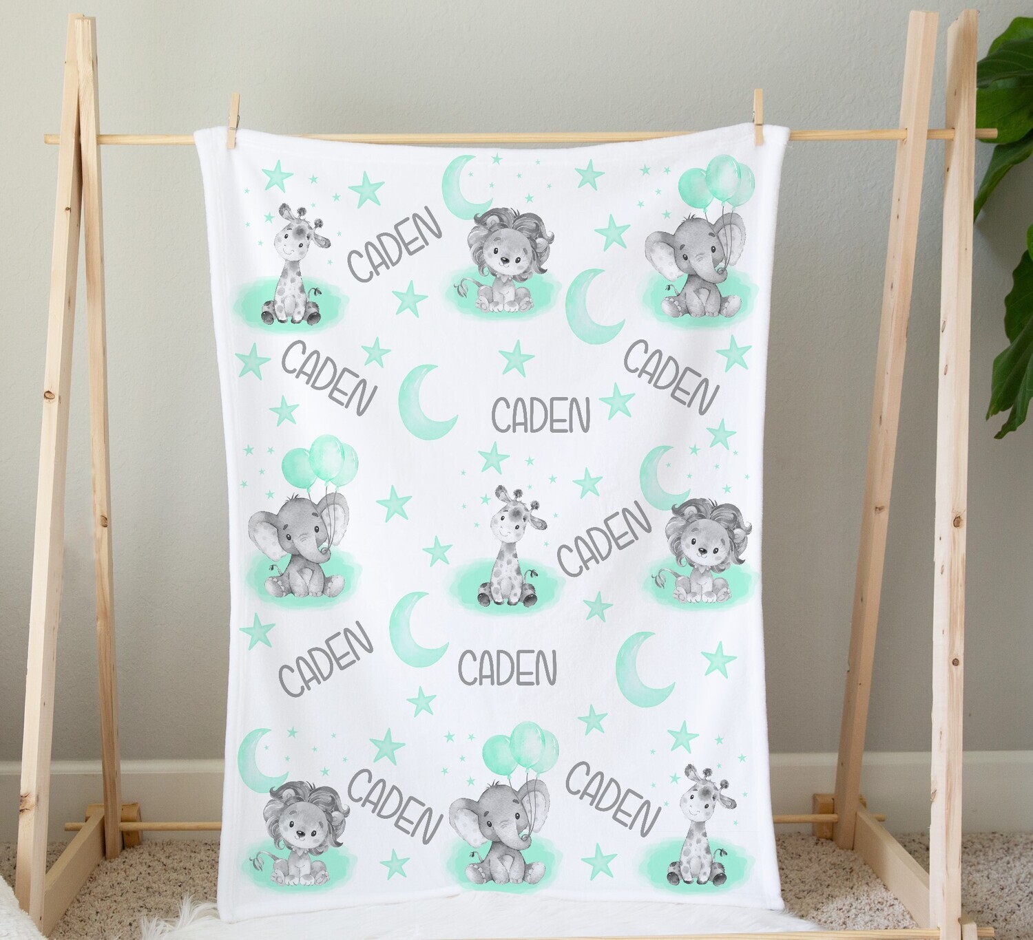 Personalized Baby Nursery Blanket Mint Safari Animals Baby Nursery Crib Bedding New Baby Shower Gift Gender Neutral