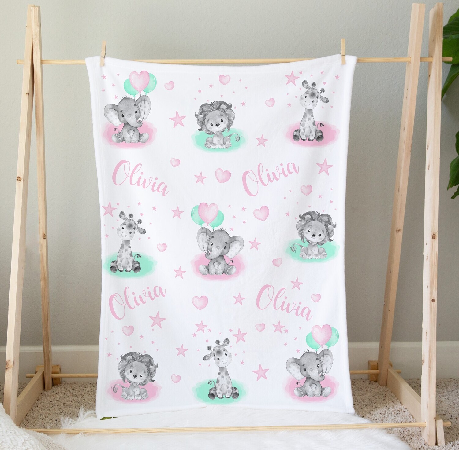 Personalized Baby Girl Blanket Safari Animals Nursery Pink Mint Elephant Giraffe Lion Crib Bedding New Baby Shower Gift