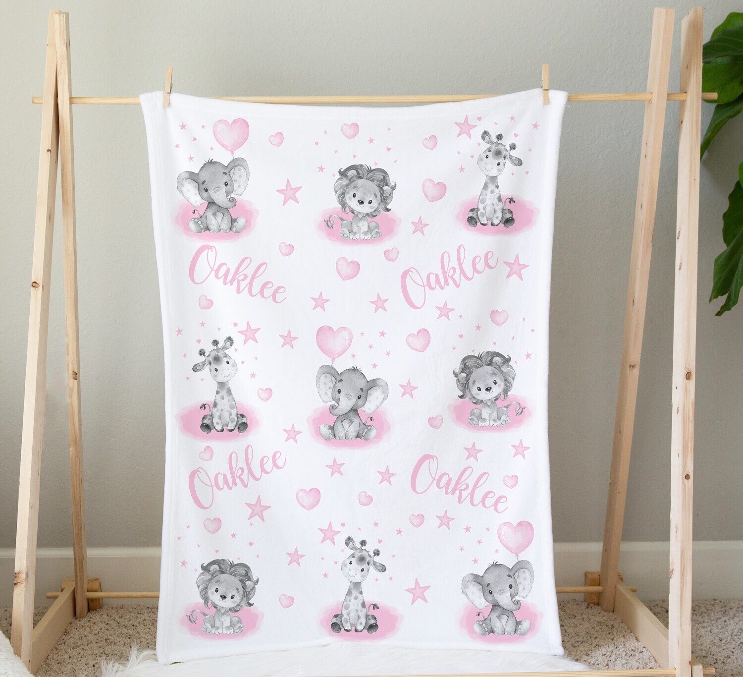 Personalized Baby Girl Blanket Safari Animals Nursery Pink Elephant Giraffe Lion Crib Bedding New Baby Shower Gift