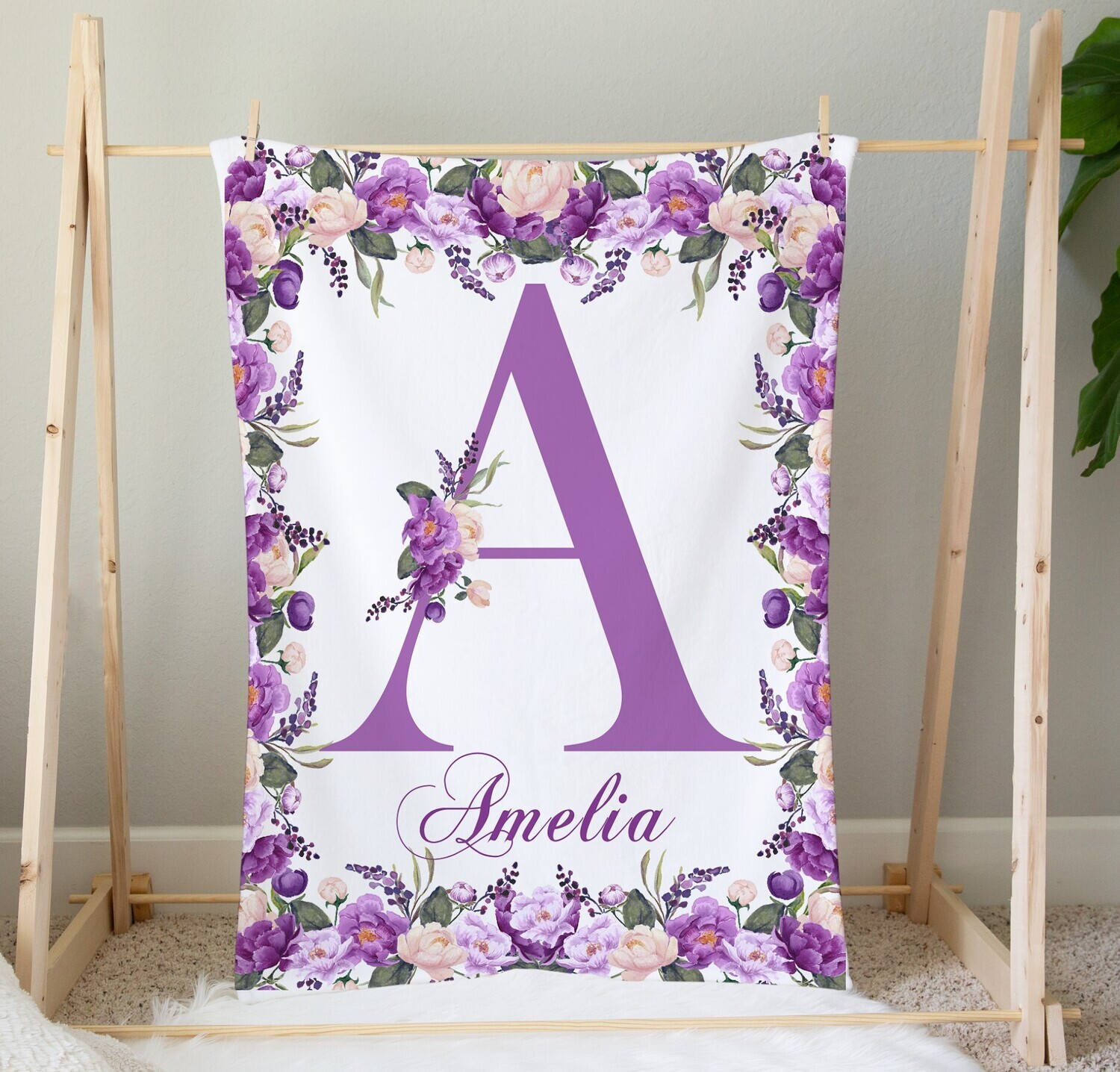 Personalized Baby Girl Blanket Purple Floral Name Baby Nursery Decor New Baby Shower Gift Crib Blanket Tummy Time