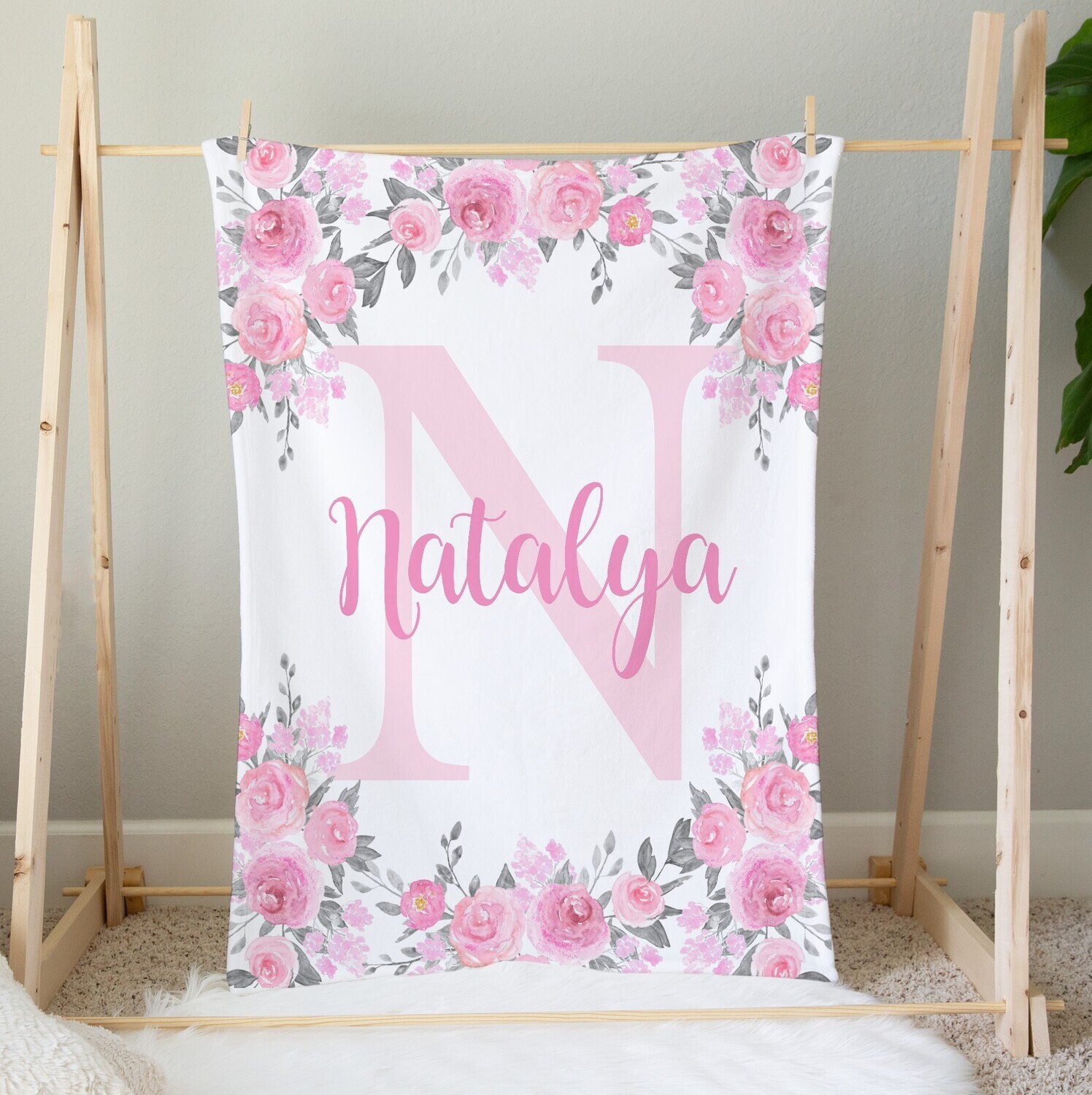 Personalized Girl Blanket Pink Floral Name Blanket Baby Nursery Decor New Baby Shower Gift Crib Blanket Tummy Time