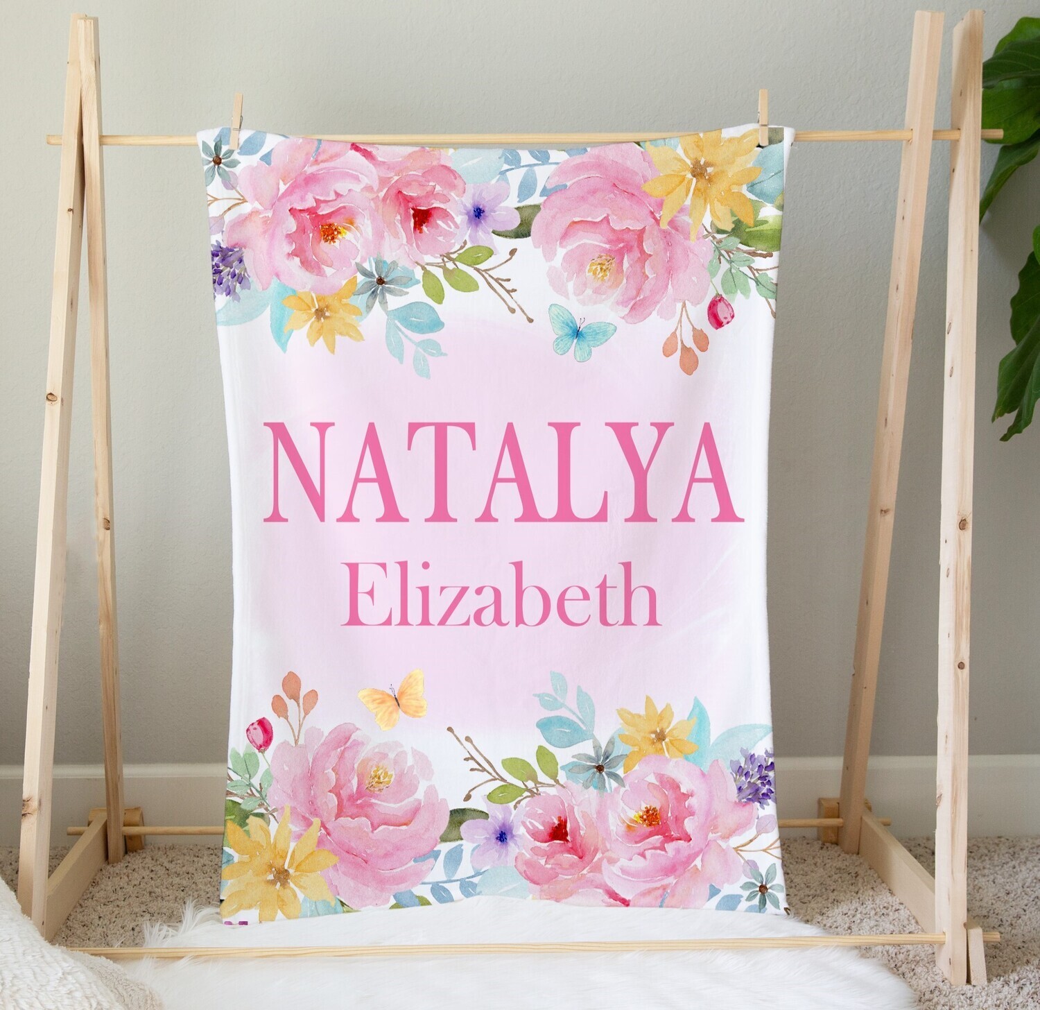 Personalized Girl Blanket Pink Floral Keepsake Name Blanket Baby Nursery Decor New Baby Shower Gift Crib Blanket Tummy Time