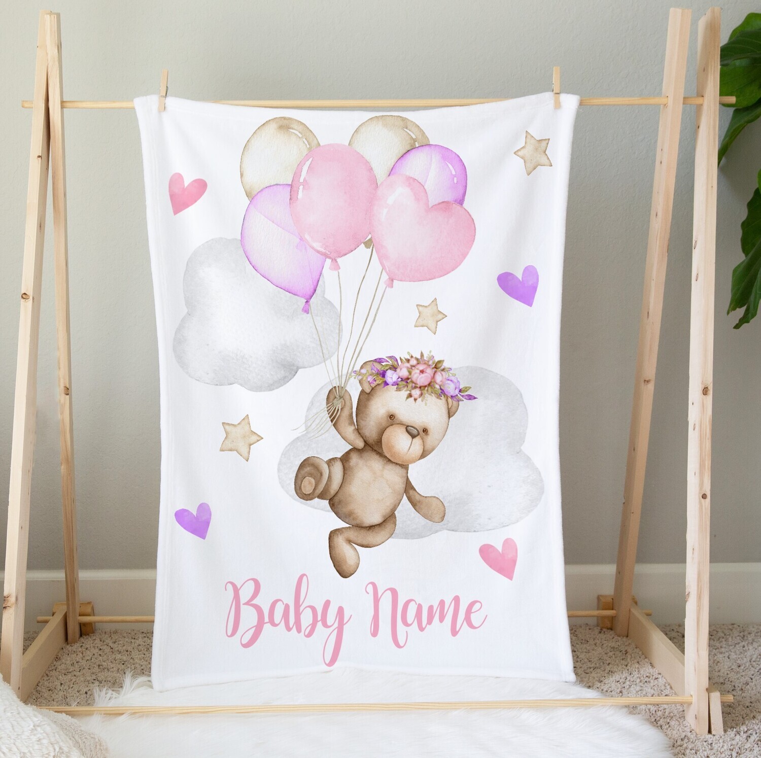 Personalized Girl Blanket Pink Purple Teddy Bears Name Blanket Baby Nursery Decor New Baby Shower Gift Crib Blanket Tummy Time