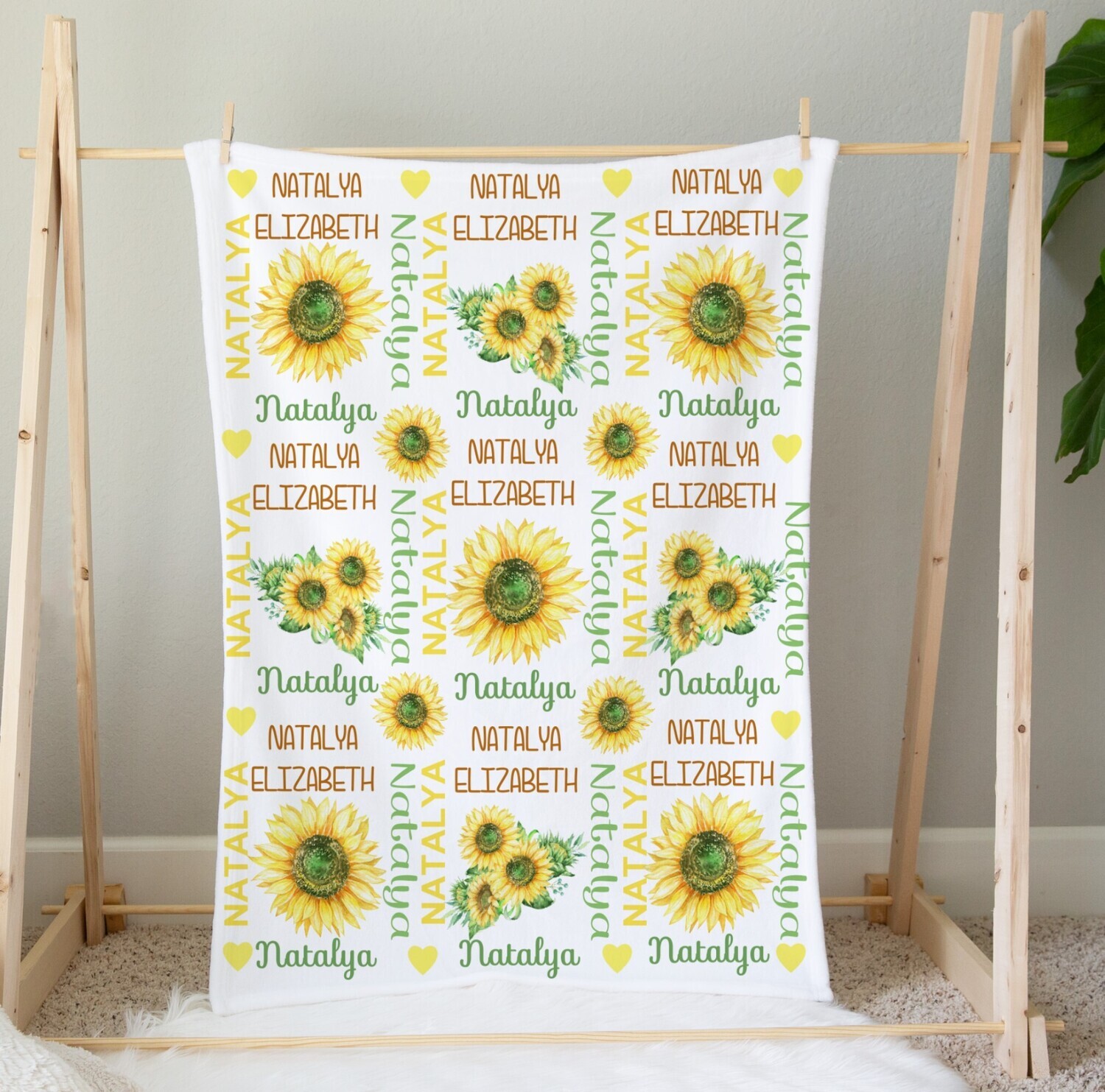 Personalized Sunflower Girl Blanket Floral Blanket Shower Gift Custom Name Blanket Girl Bedroom Nursery Throw Tummy Time